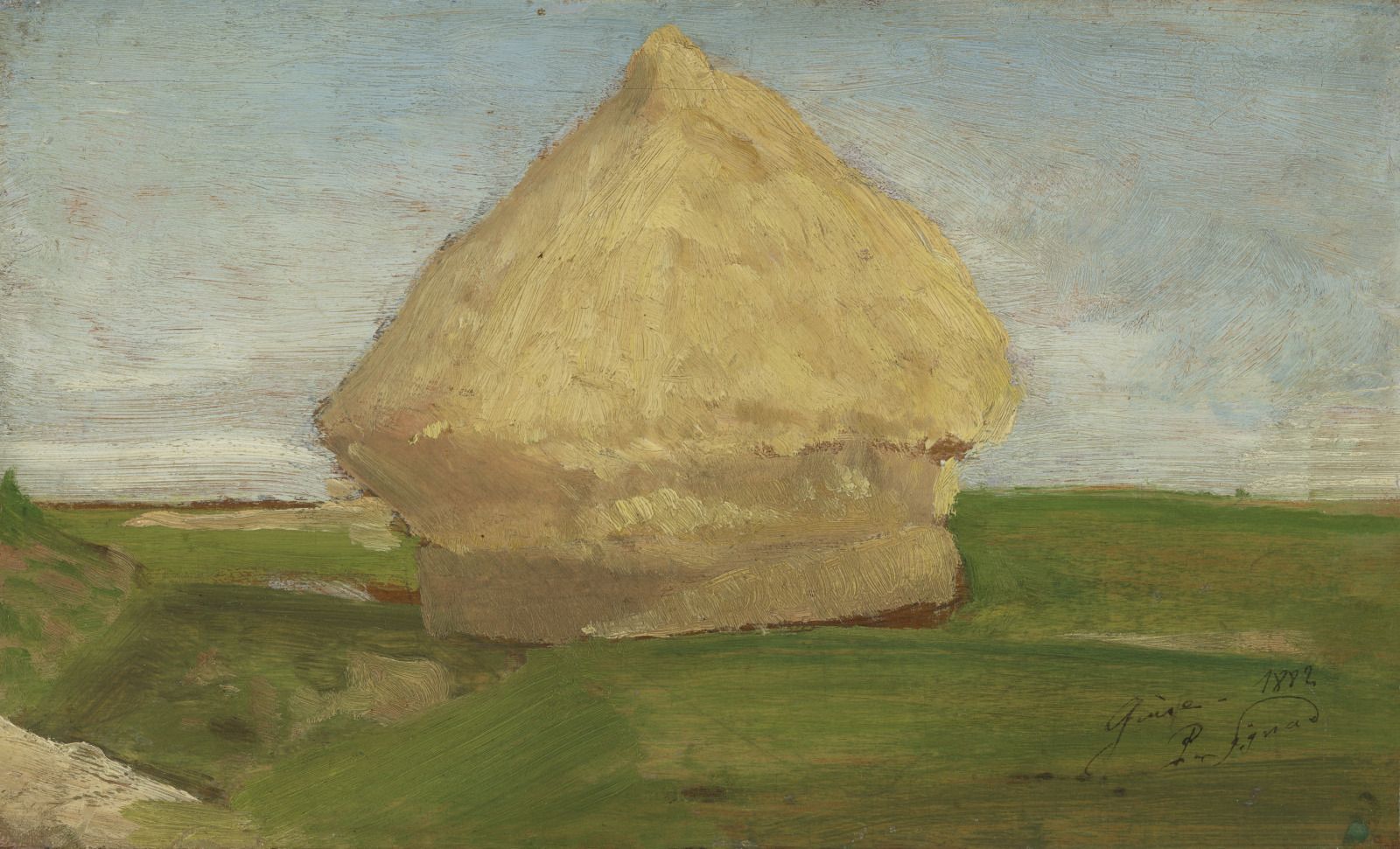 A painting of a haystack. His first paintings were made en plein air (outdoors) in northern France, including Guise in the Aisne department of Hauts-de-France, where he painted The Haystack. Now considered a quintessential Impressionist subject, haystacks are commonly associated with Claude Monet,