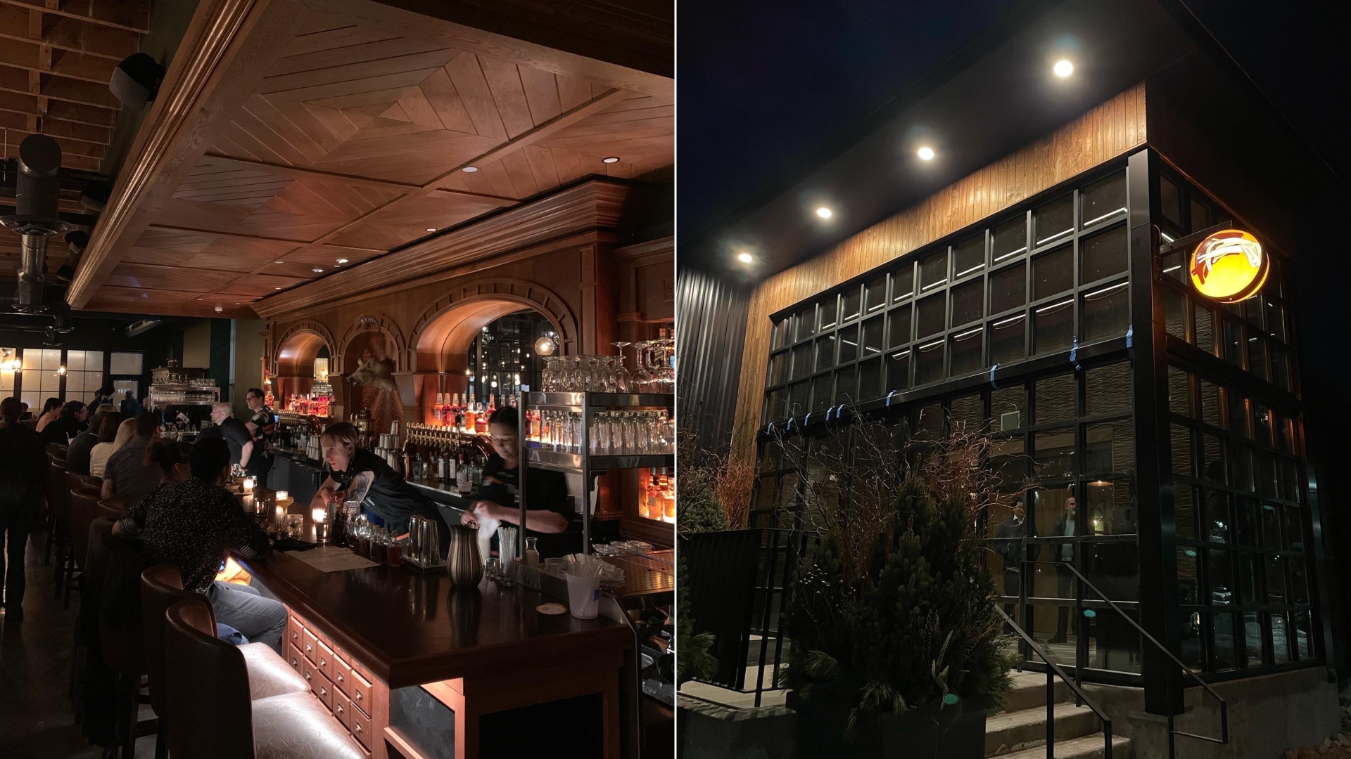 The interior of Butcher and the boar's bar, a large oak bar with many bottles of alcohol visible.