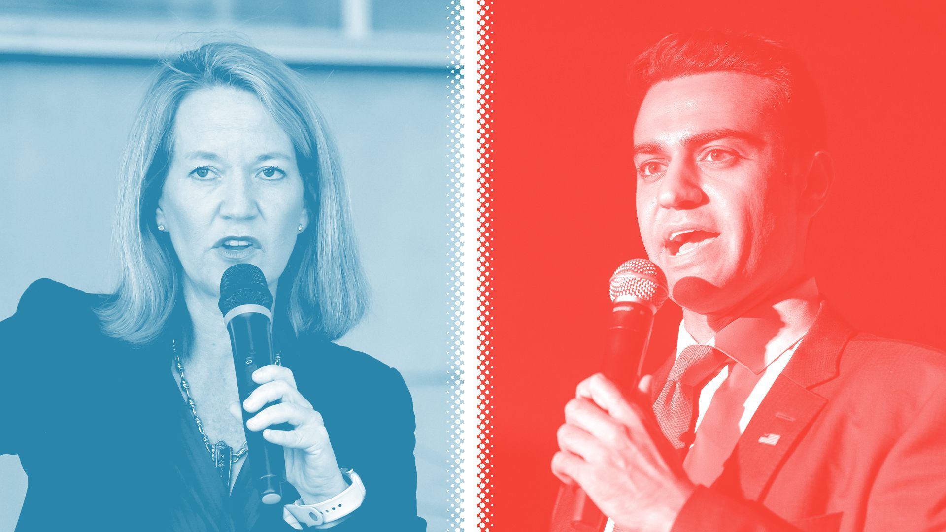 Photo illustration of Kris Mayes, tinted blue, and Abe Hamadeh, tinted red, separated by a white halftone divider.