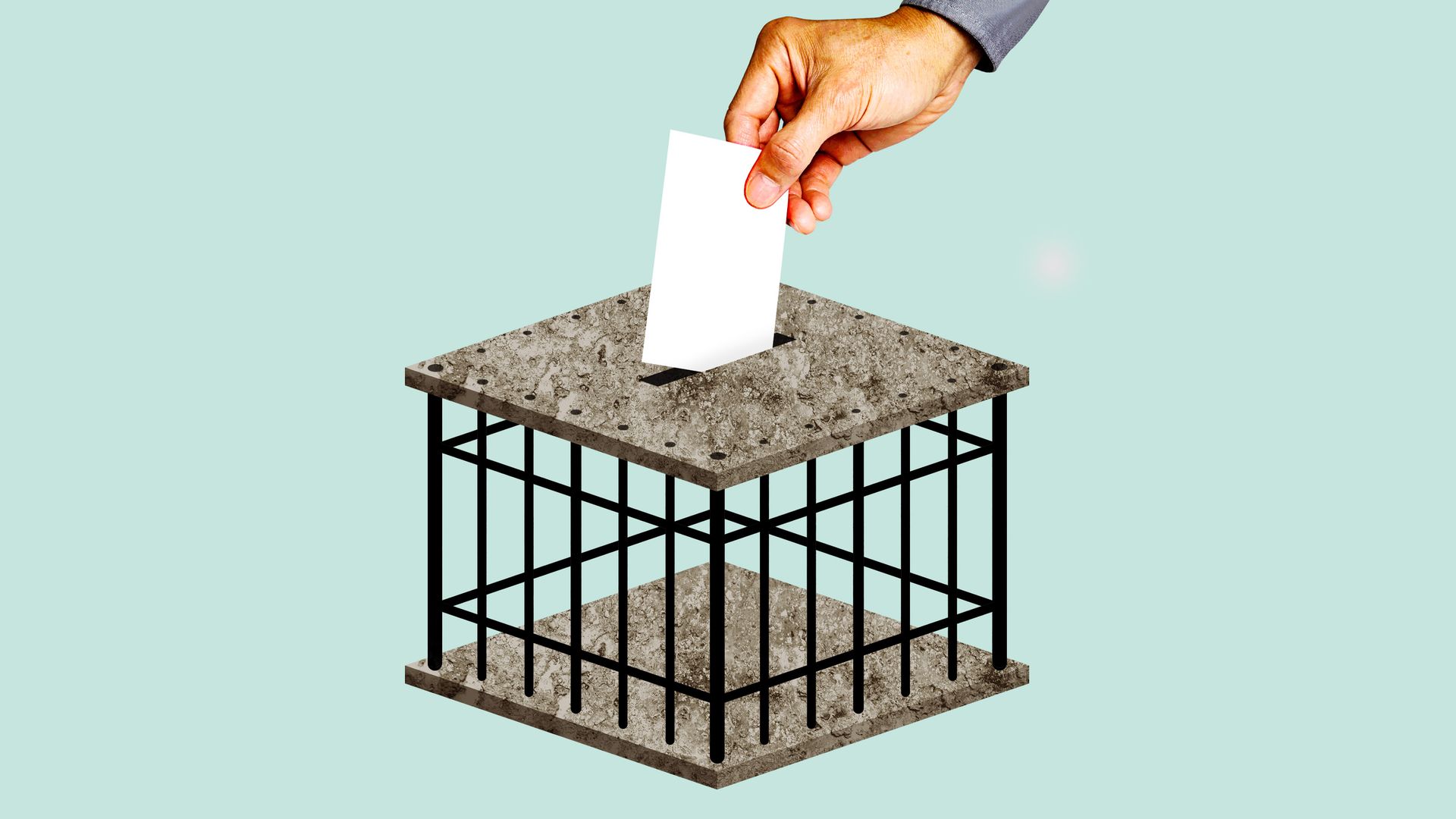 A ballot being cast in a ballot box shaped like a jail cell