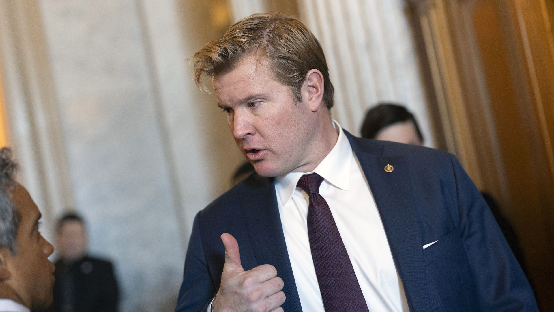 Sen. Tim Sheehy (R-MT) leaves the Senate Chamber at the U.S. Capitol on January 29, 2026 in Washington, DC. 