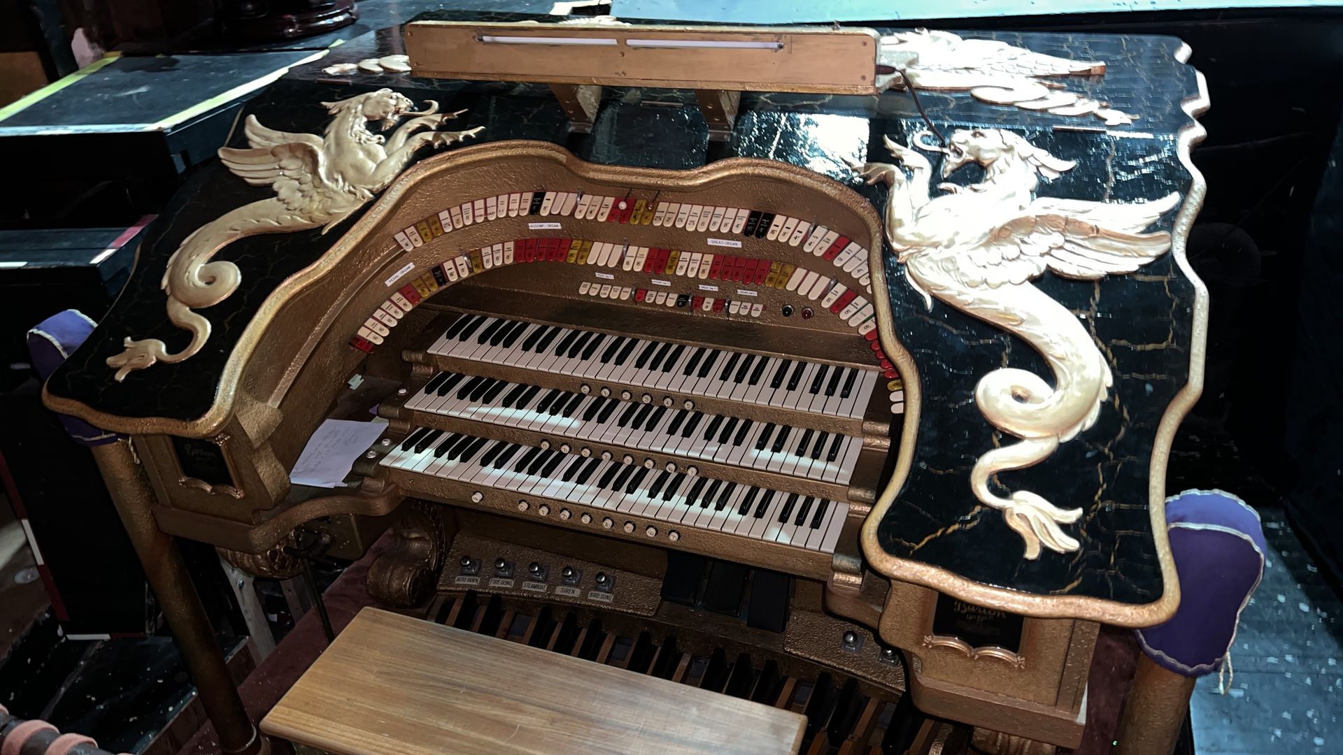 Organ console at Redford Theatre.