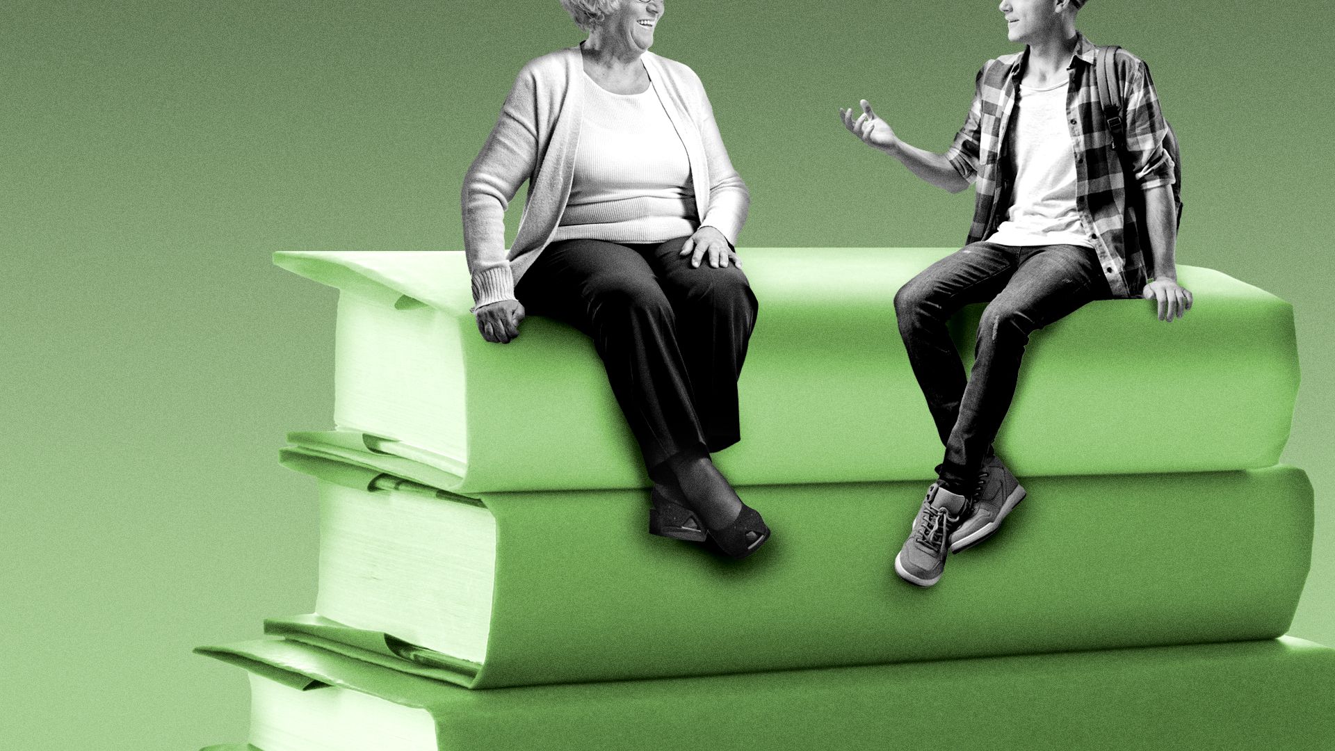 Illustration of two people talking while sitting on a stack of books.