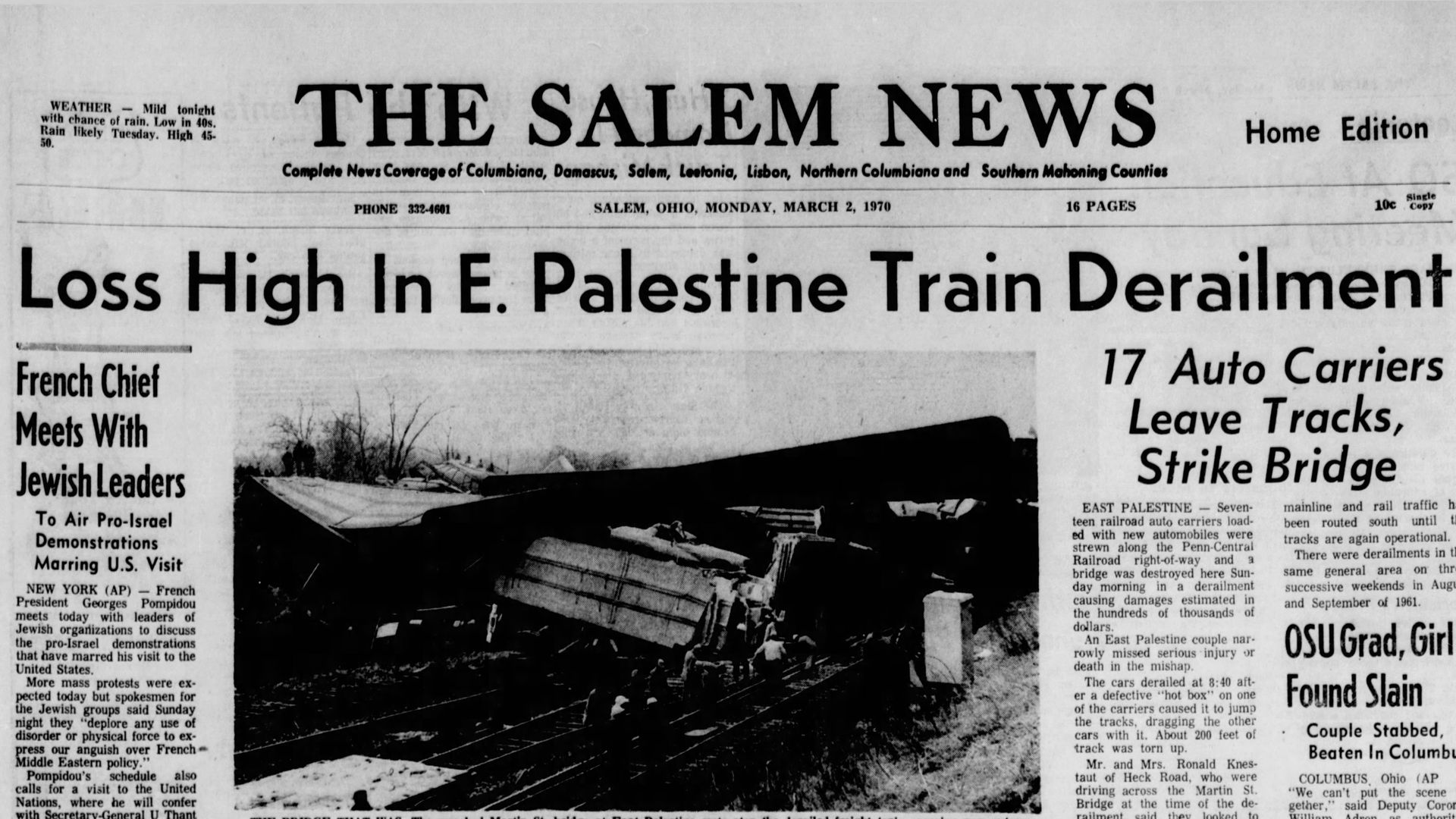 A newspaper headline from 1973 reading, "Loss High In E. Palestine Train Derailment."