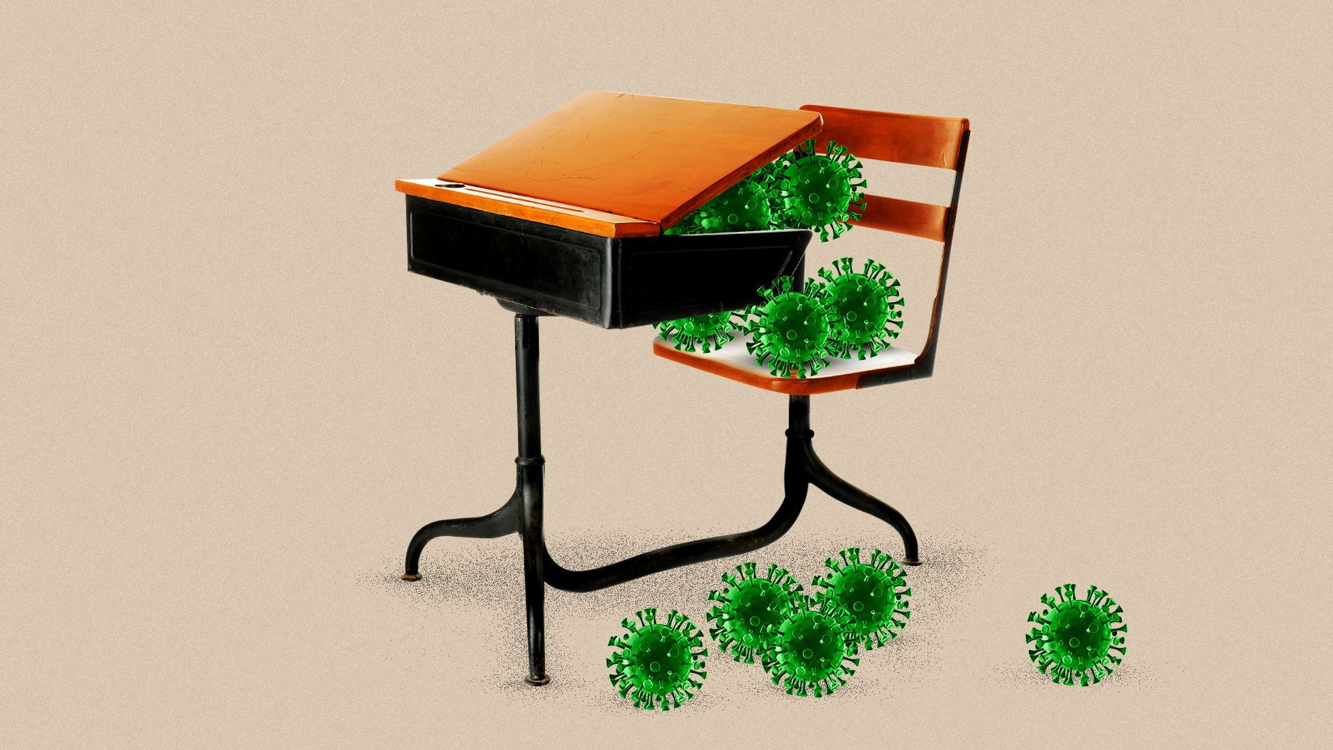 Illustration of an old fashioned desk overflowing with coronavirus cells. 