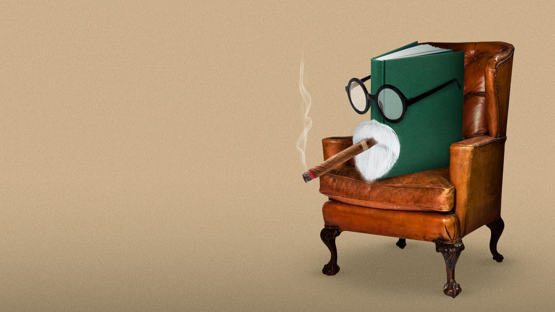 Illustration of a book as Sigmund Freud smoking a cigar in a psychiatrist's chair.