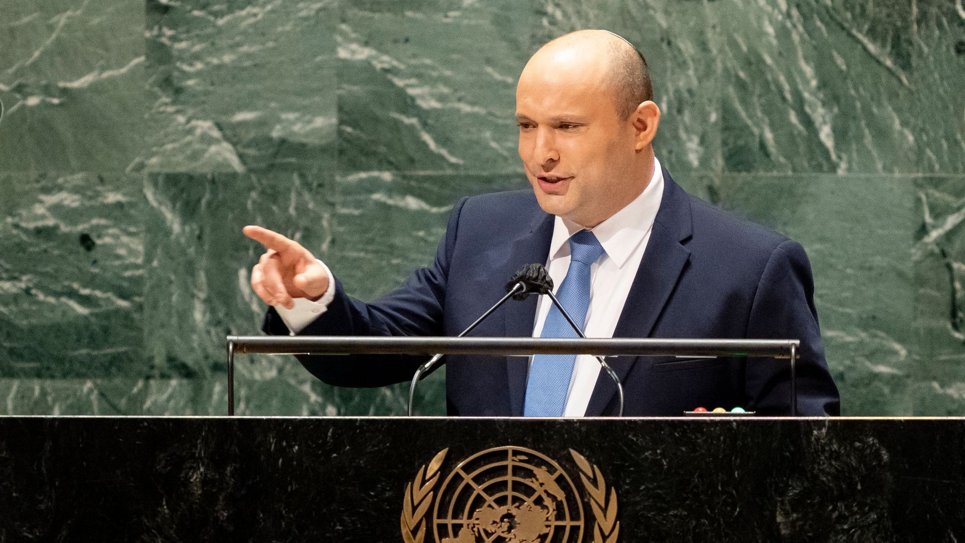 Israeli Prime Minister Naftali Bennett addresses the UN. Photo: John Minchillo/Pool via Getty