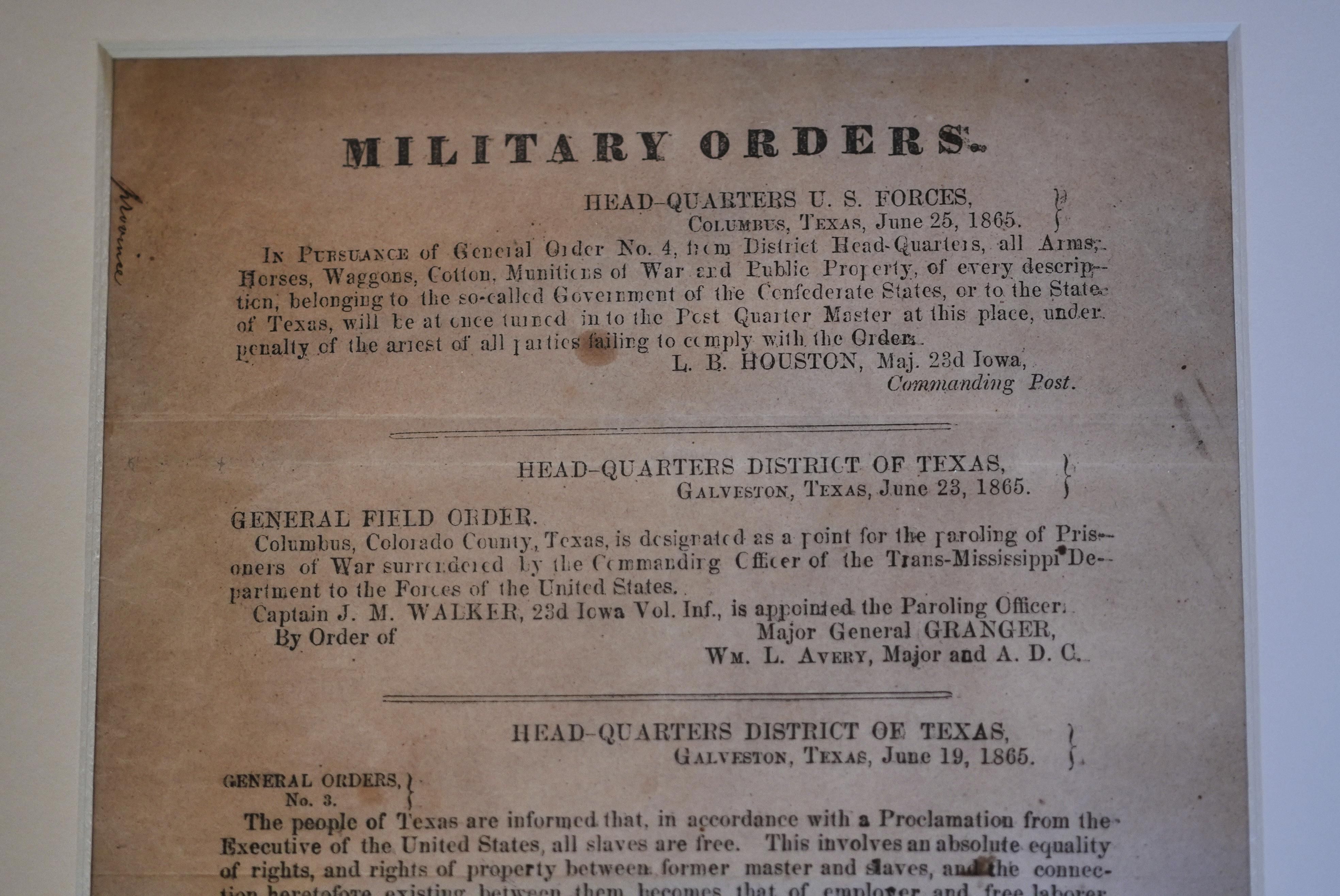 A section of the 1865 Juneteenth General Order No. 3 that is displayed by the Dallas Historical Society. 