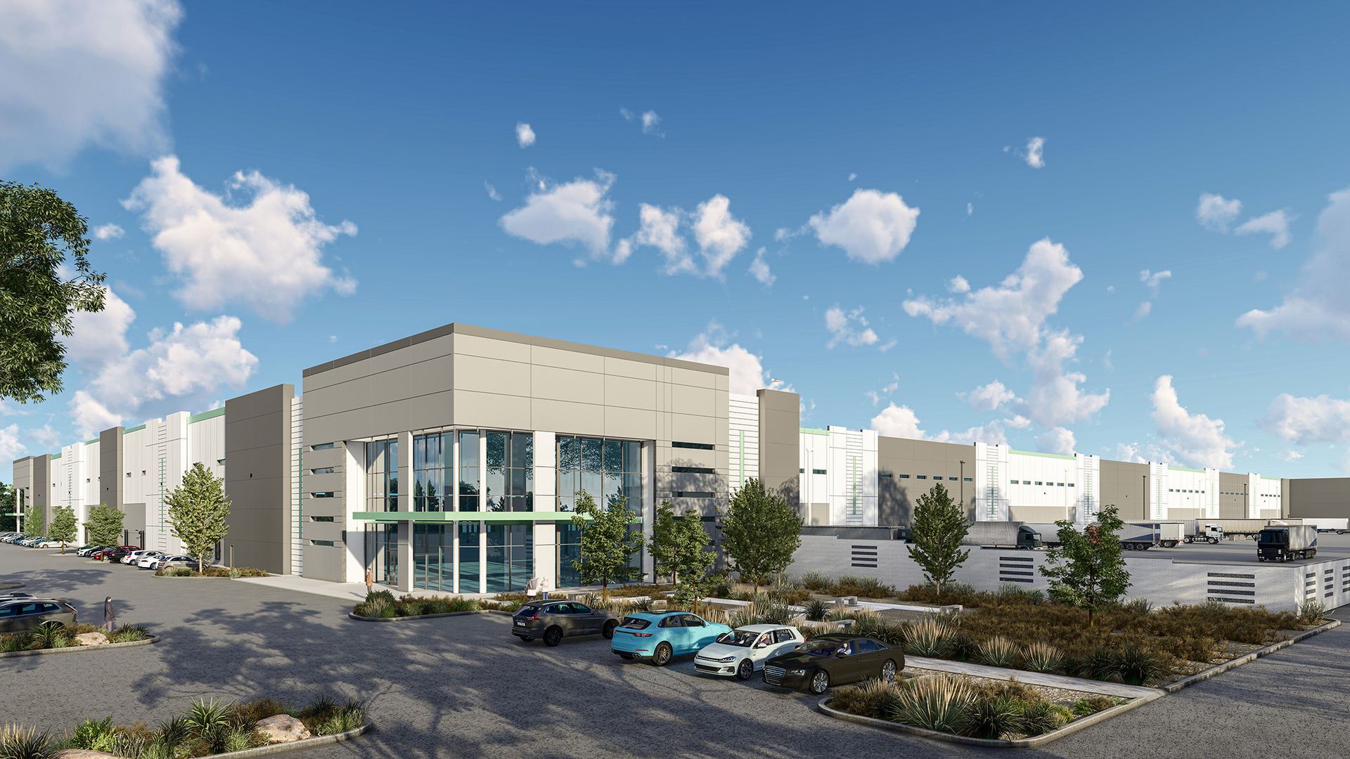 A rendering of an industrial building with cars parked outside. 