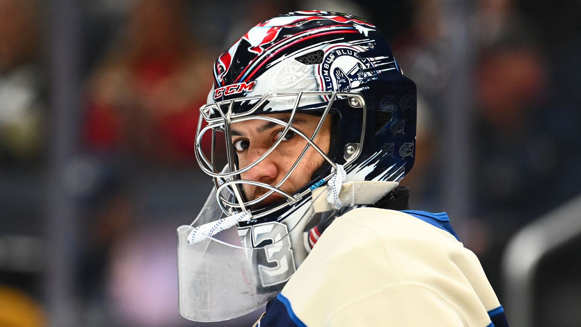 Columbus Blue Jackets goaltender Jet Greaves looks toward the camera