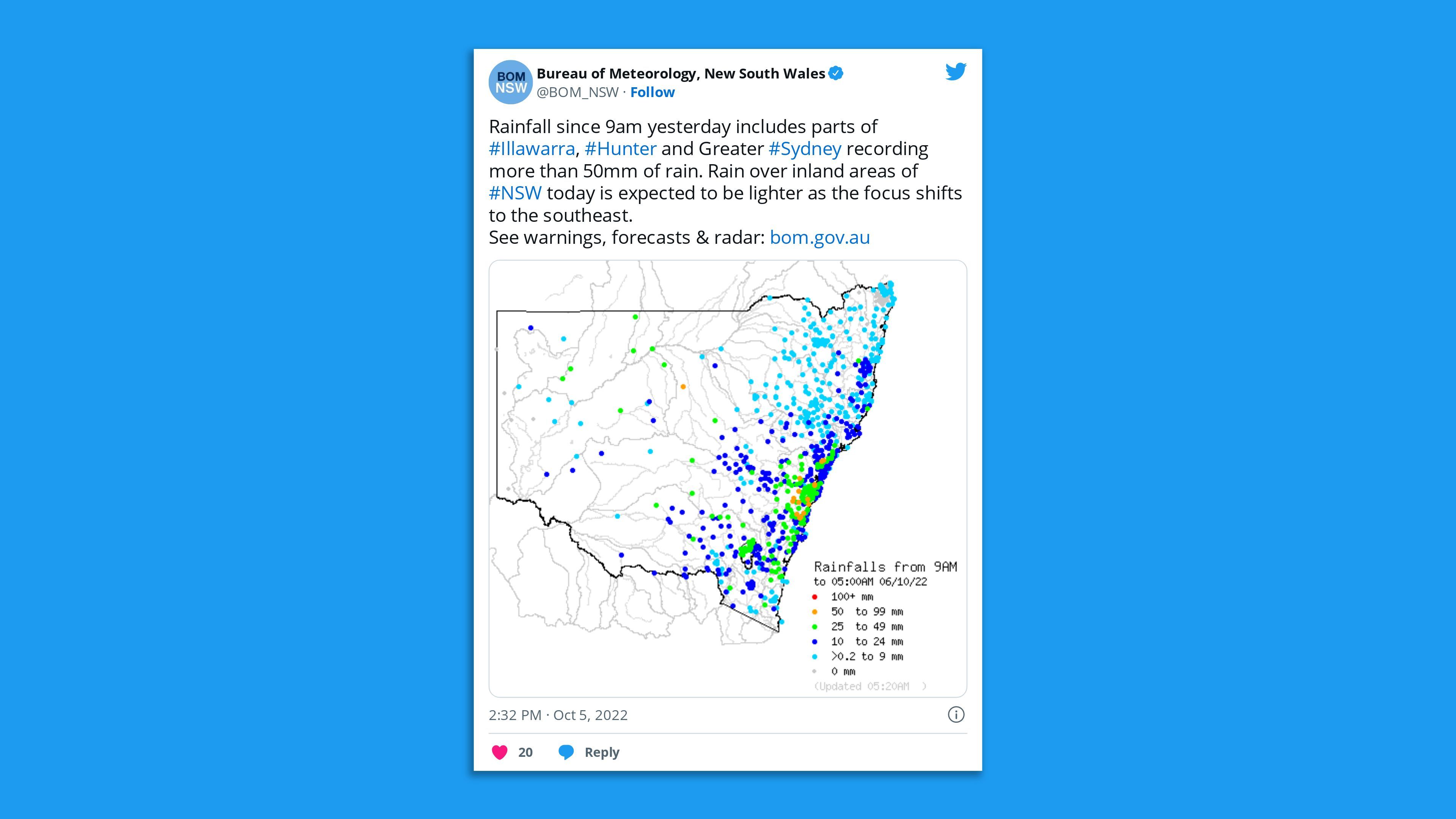 An Australian Bureau of Meteorology tweet showing Sydney recording more than 50mm of rain in the 5 hours to 9am Thursday.