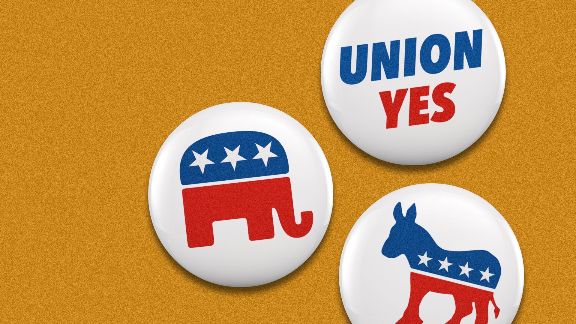 Illustration of a GOP elephant button, a Democrat donkey button and a button that says "UNION YES"