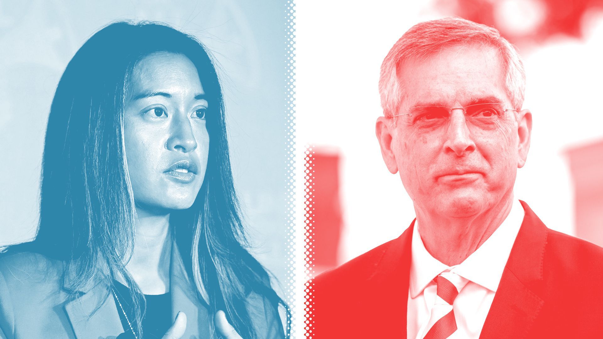 Photo illustration of Bee Nguyen tinted blue and Brad Raffensperger tinted red separated by a white halftone divider.