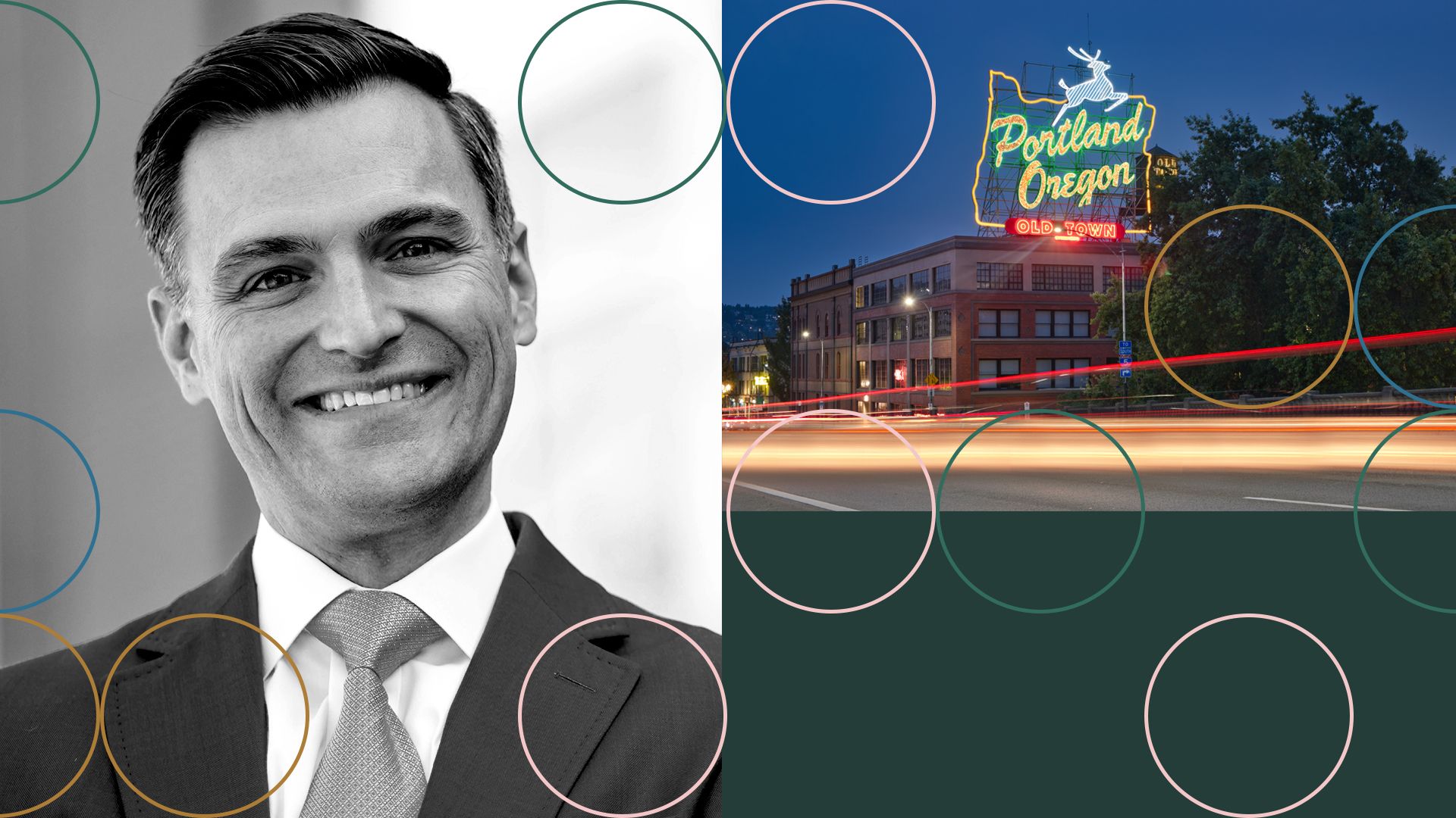 Photo illustration of Dan Rayfield surrounded by abstract shapes and the Portland, Oregon sign. 