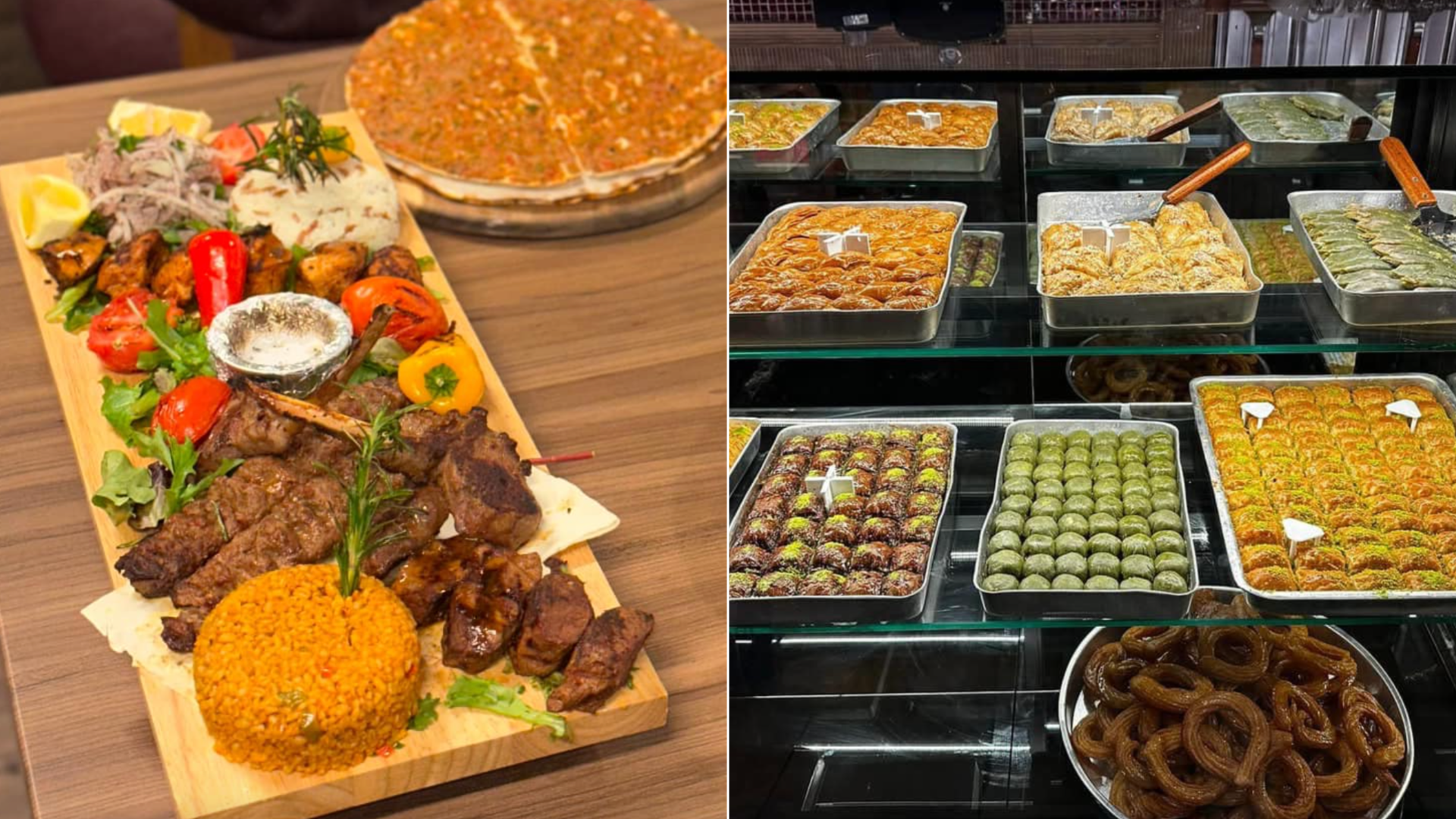 kebob food on the left and baklava on the right in a case