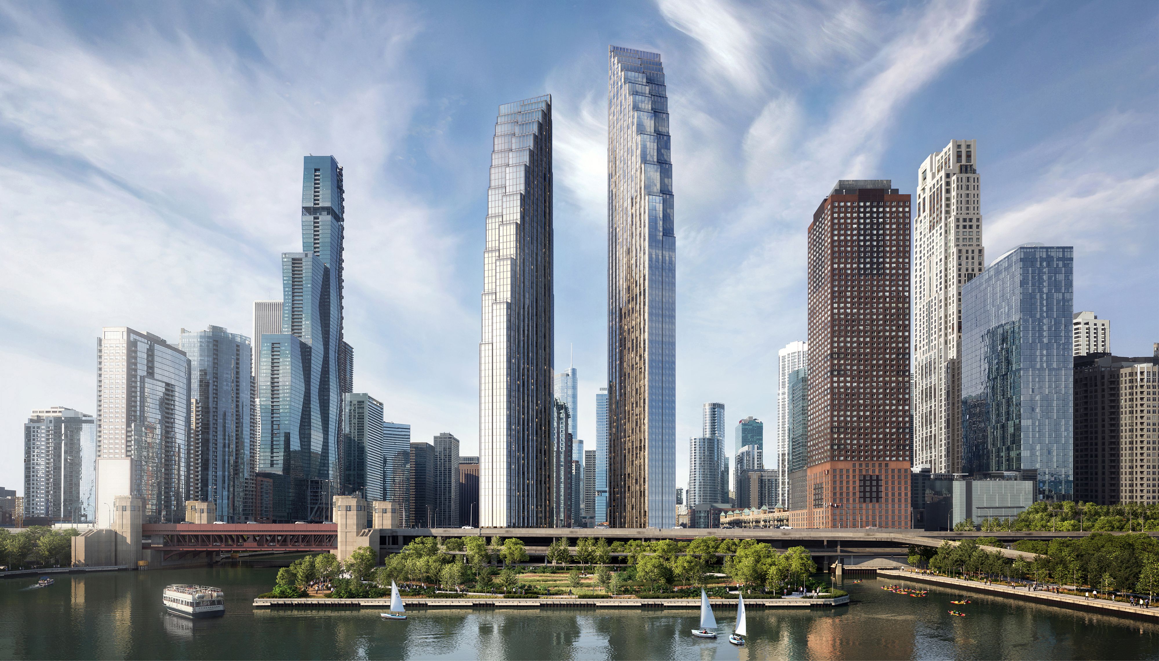 Rendering of two buildings in a skyline
