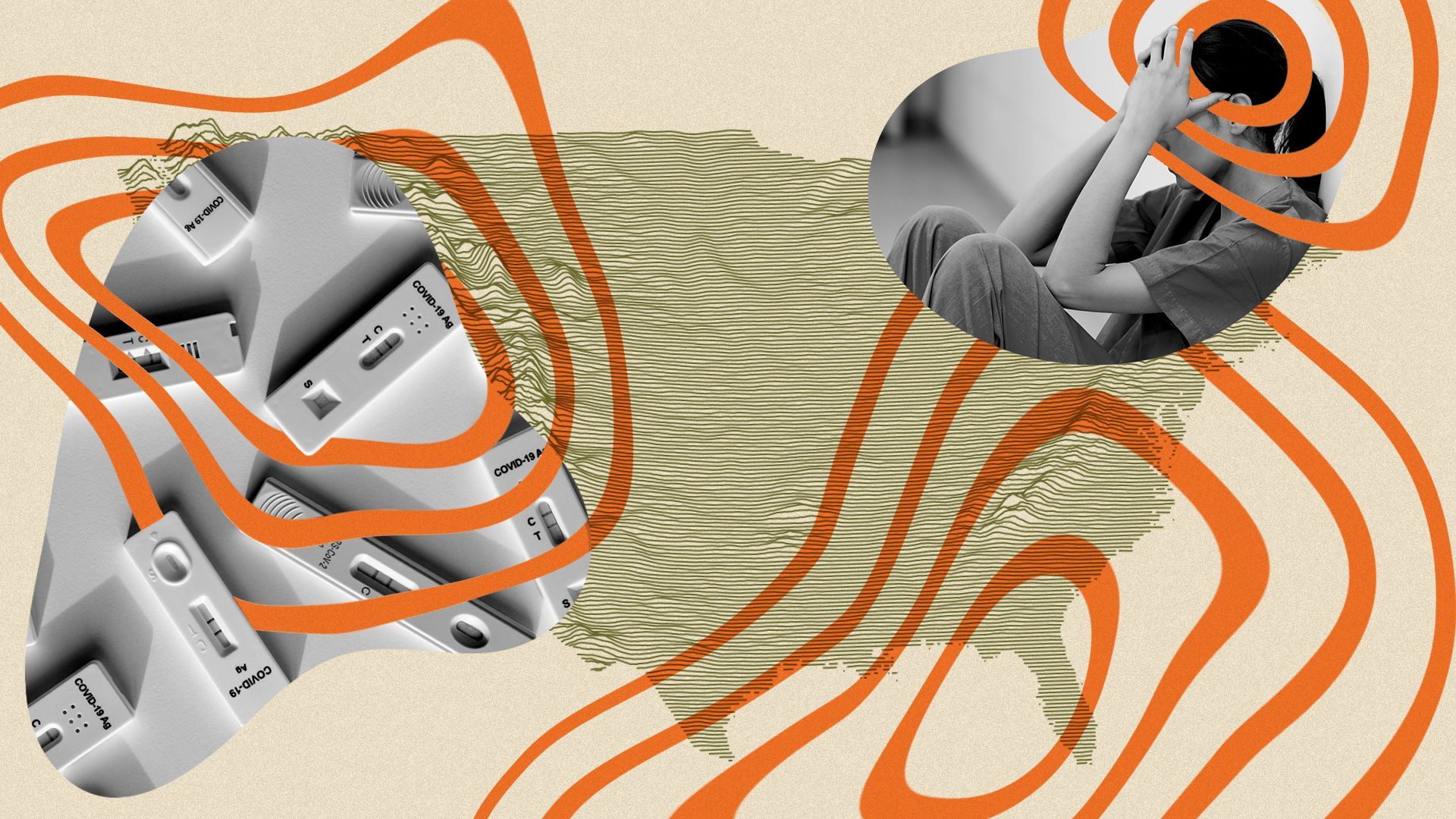 Illustrated collage of a topographic map of the United States with photographs of COVID tests and a stressed nurse, overlaid with rippling concintric circles. 