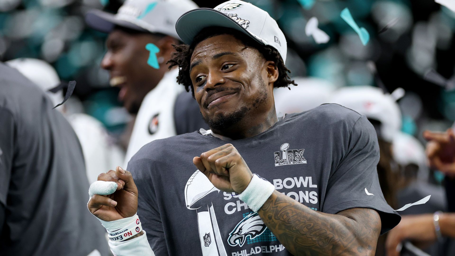 A.J. Brown celebrates with teammates after win.