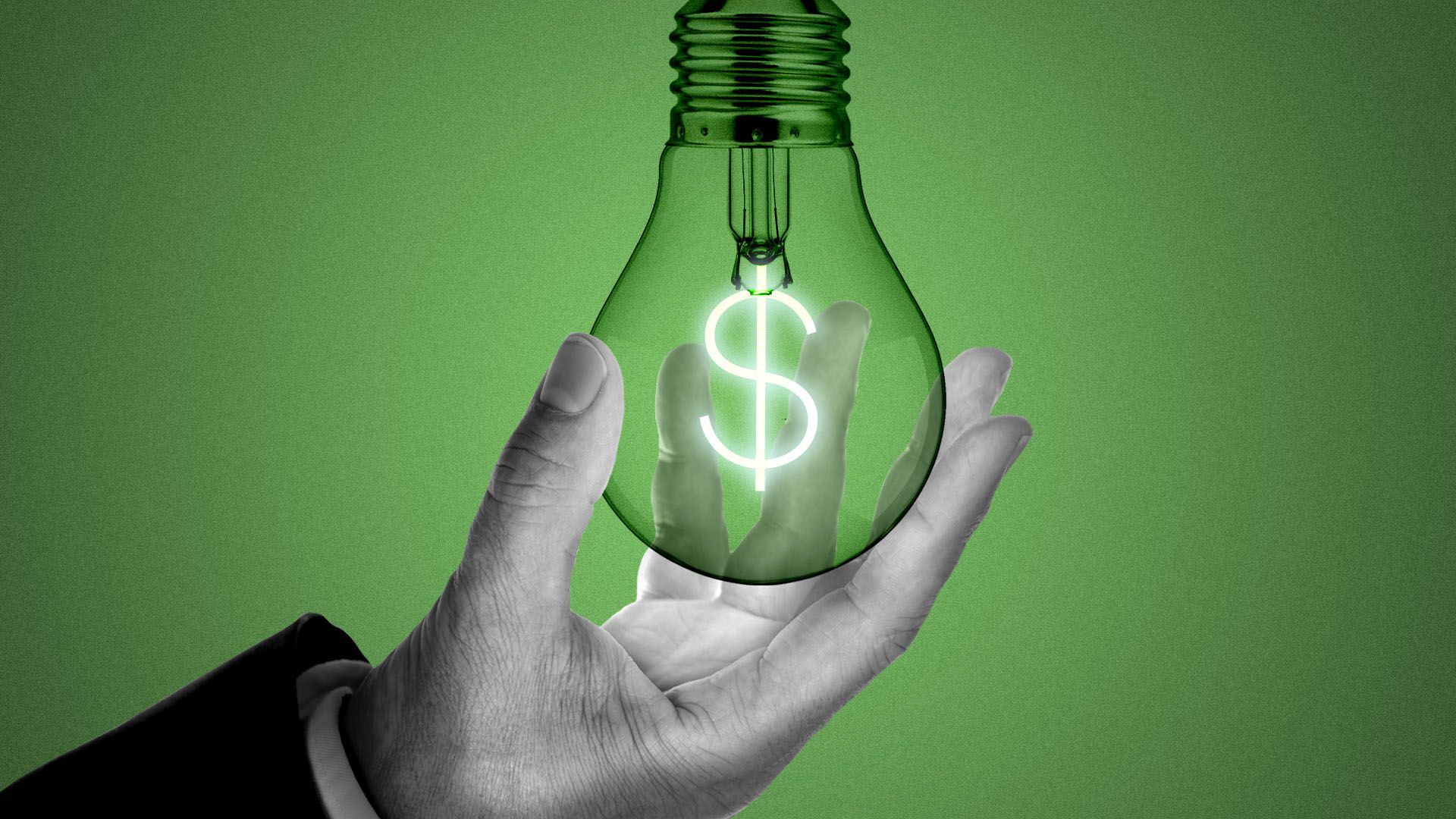 Illustration of a hand screwing in a lightbulb with a dollar sign in the middle.