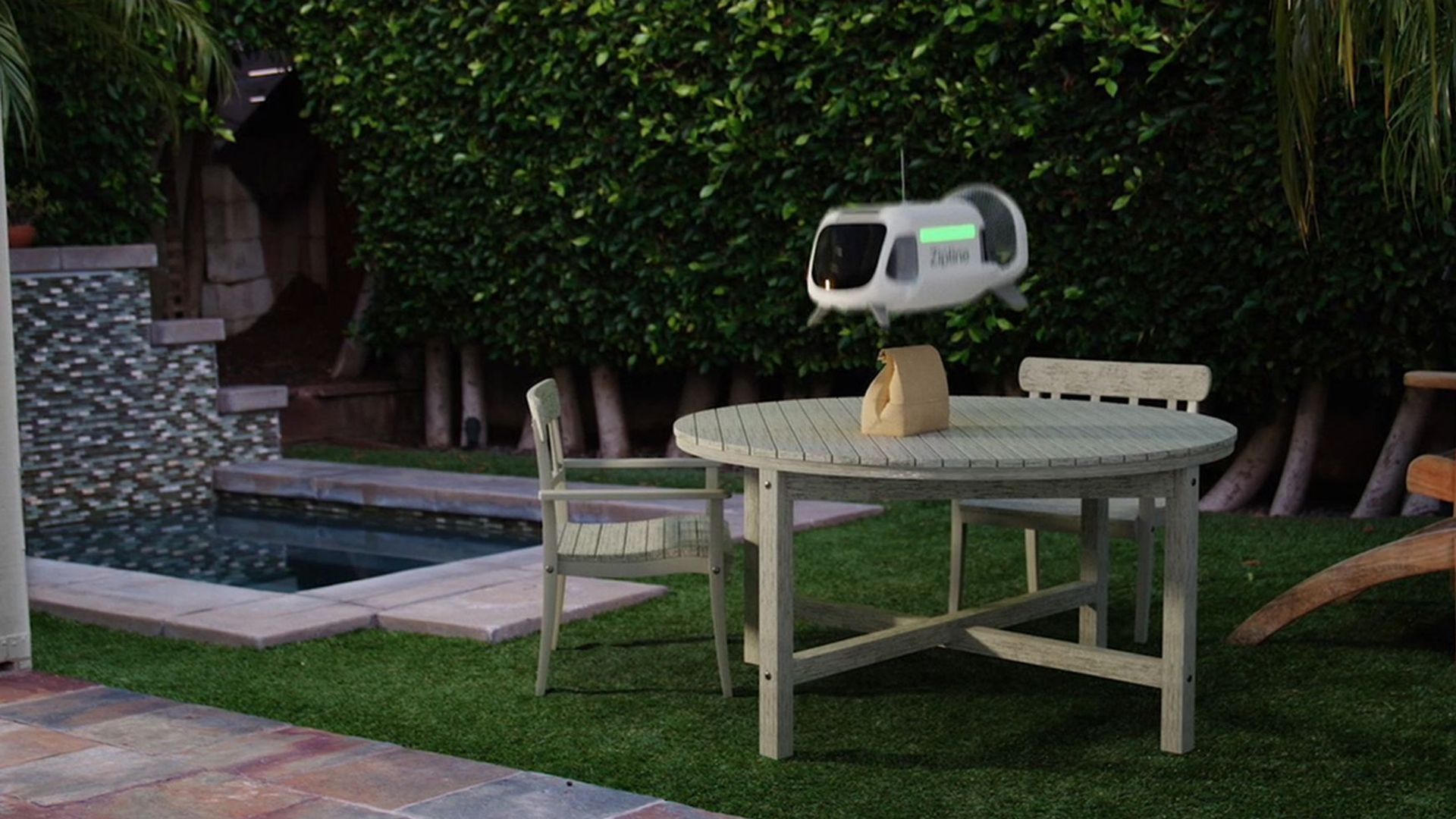 A photo of a simulated drone delivery by Zipline.