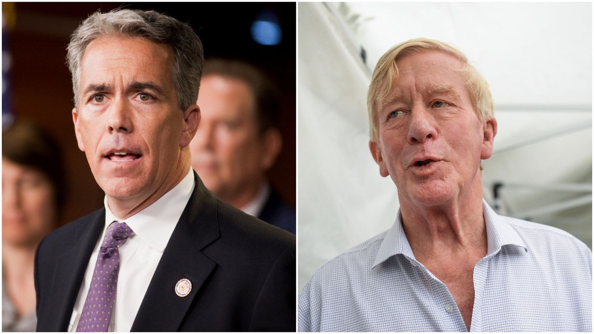 This image is a two-way split screen of Joe Walsh and Bill Weld.