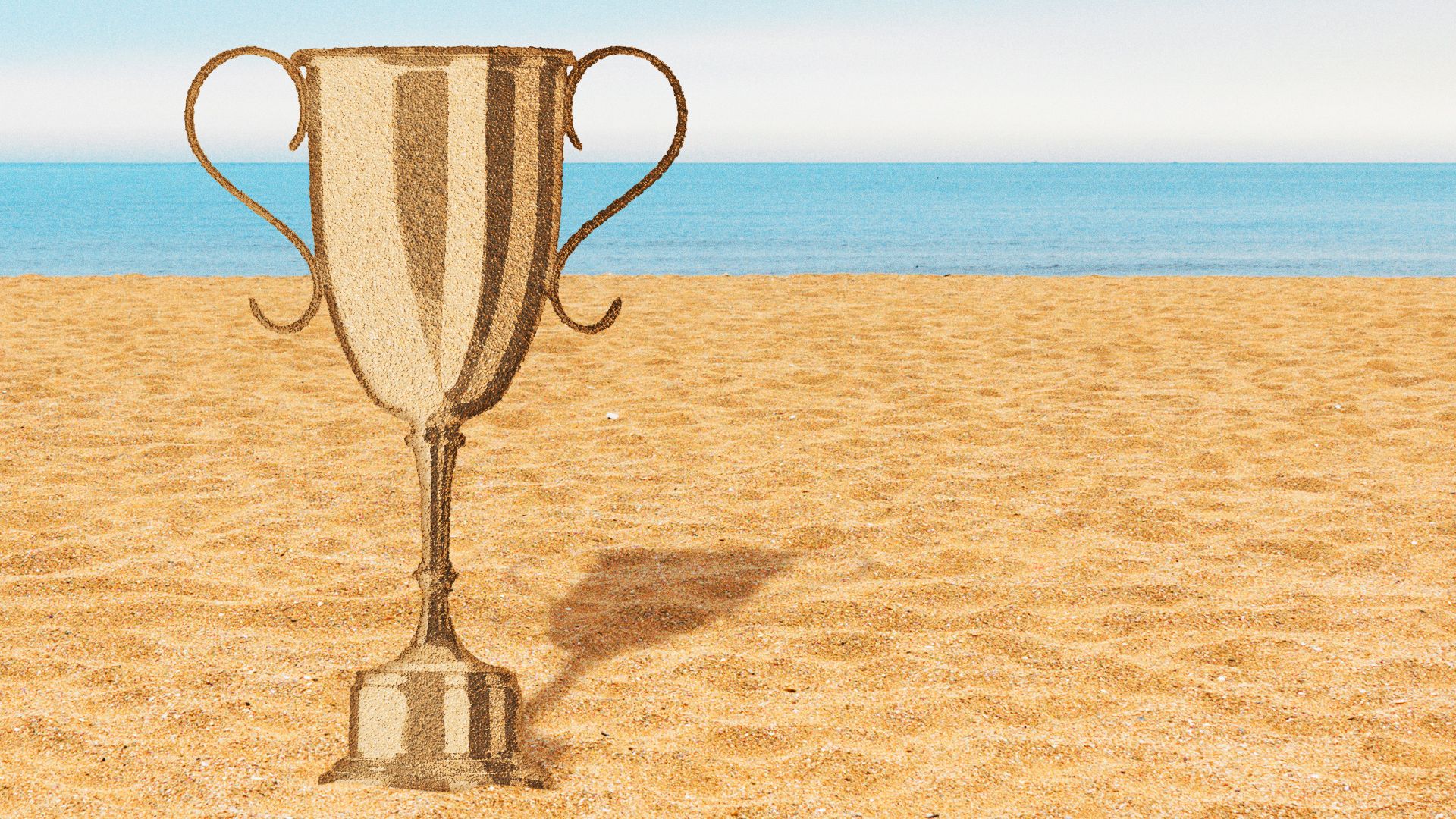 Illustration of a sand castle trophy on a beach.