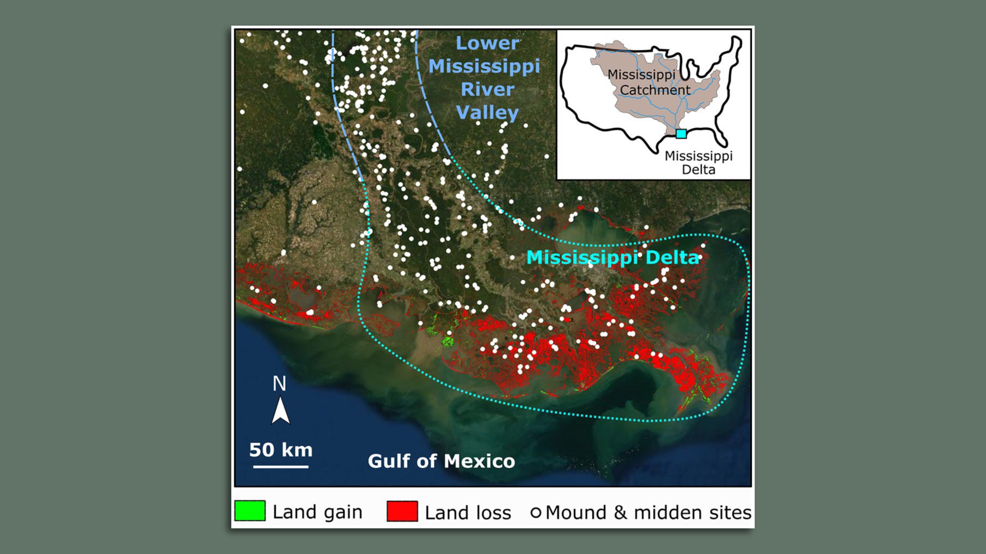 Image shows a graphic of south Louisiana with the boot highlighted. White dots along the Mississippi River banks indicate mound and midden sites.
