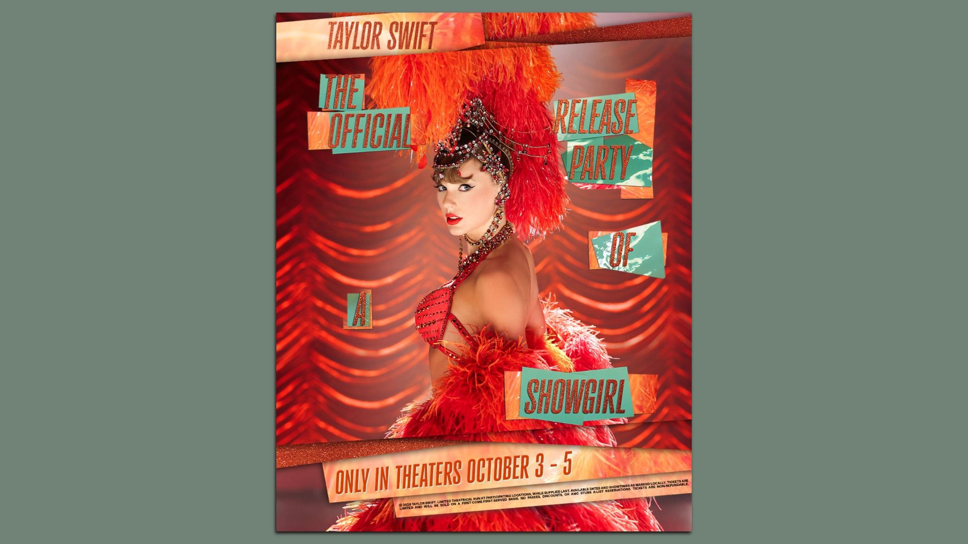 Taylor Swift in a red feathered showgirl costume with matching headpiece, against a red curtain backdrop. Text announces "The Official Release Party of a Showgirl" in theaters October 3-5.