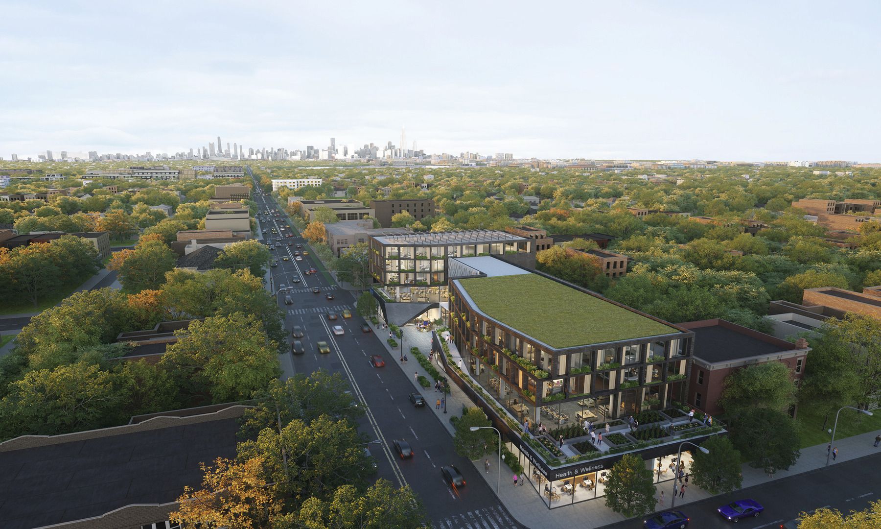 Photo of a rendering of a building with a skyline in the distance 