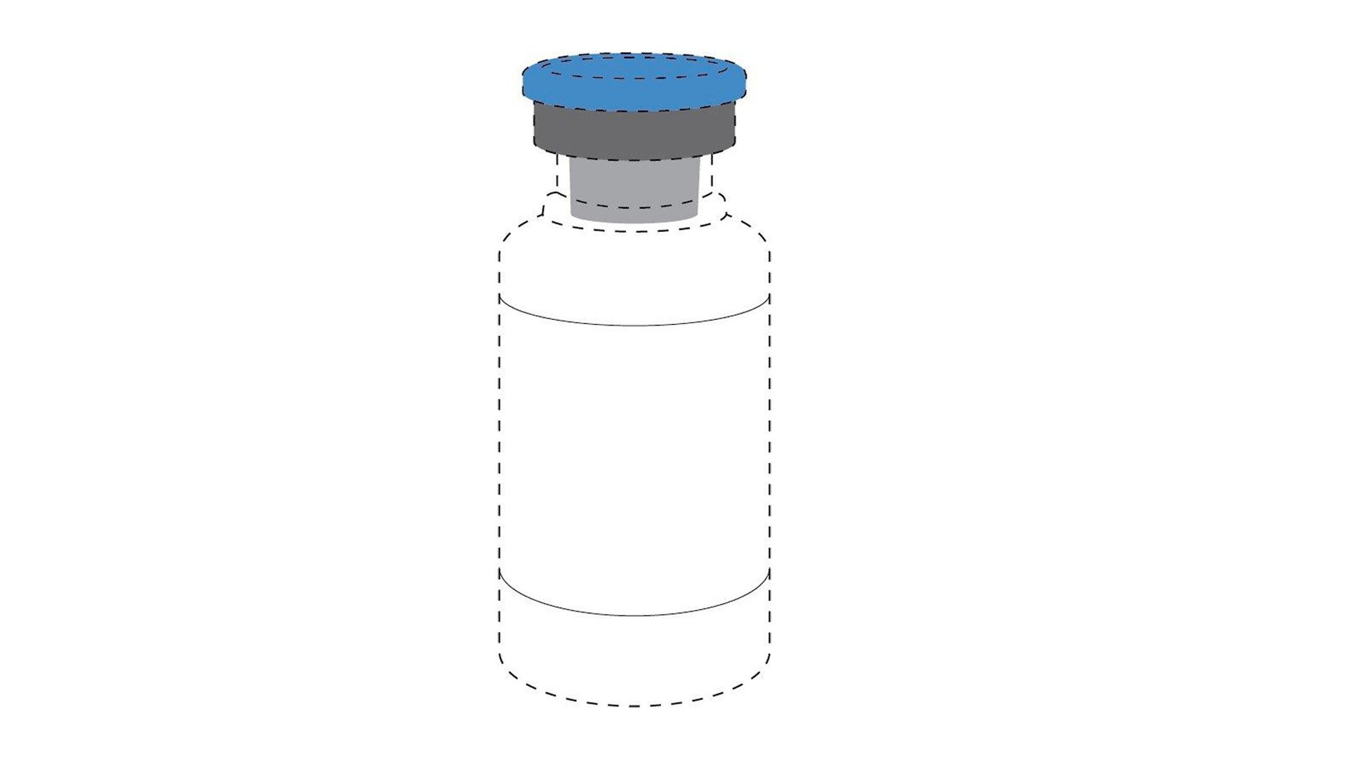 A drawing of an intravenous drug vial with a blue and gray top.