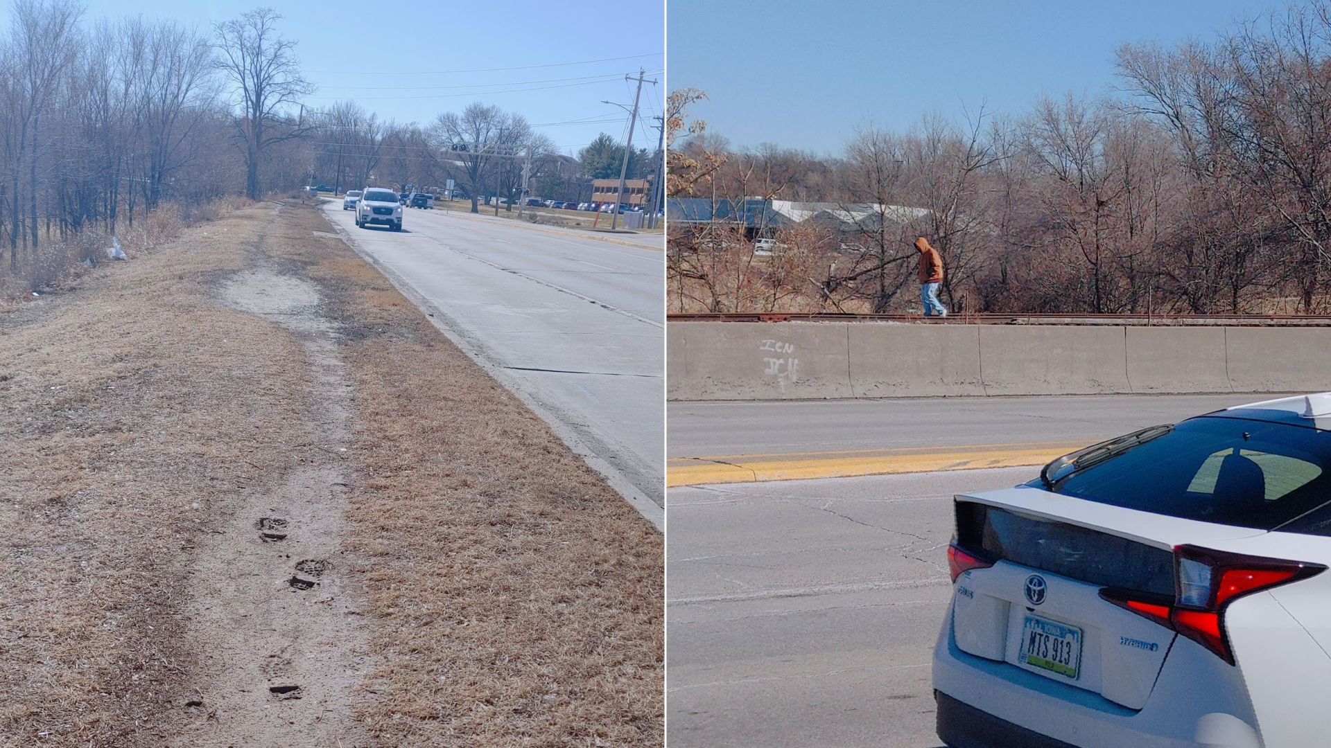 dirt tracks on the left and someone walking along the highway on the right