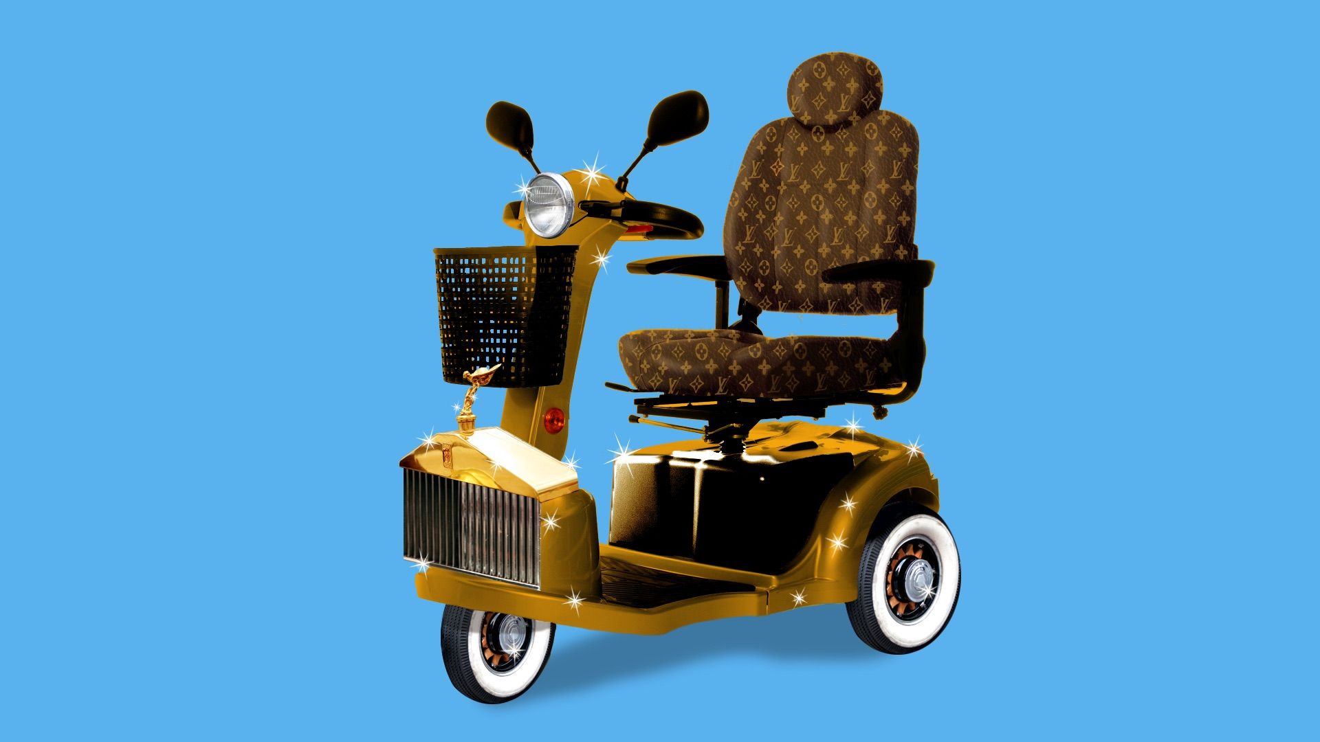 A motorized cart that is gold and really spiffy.