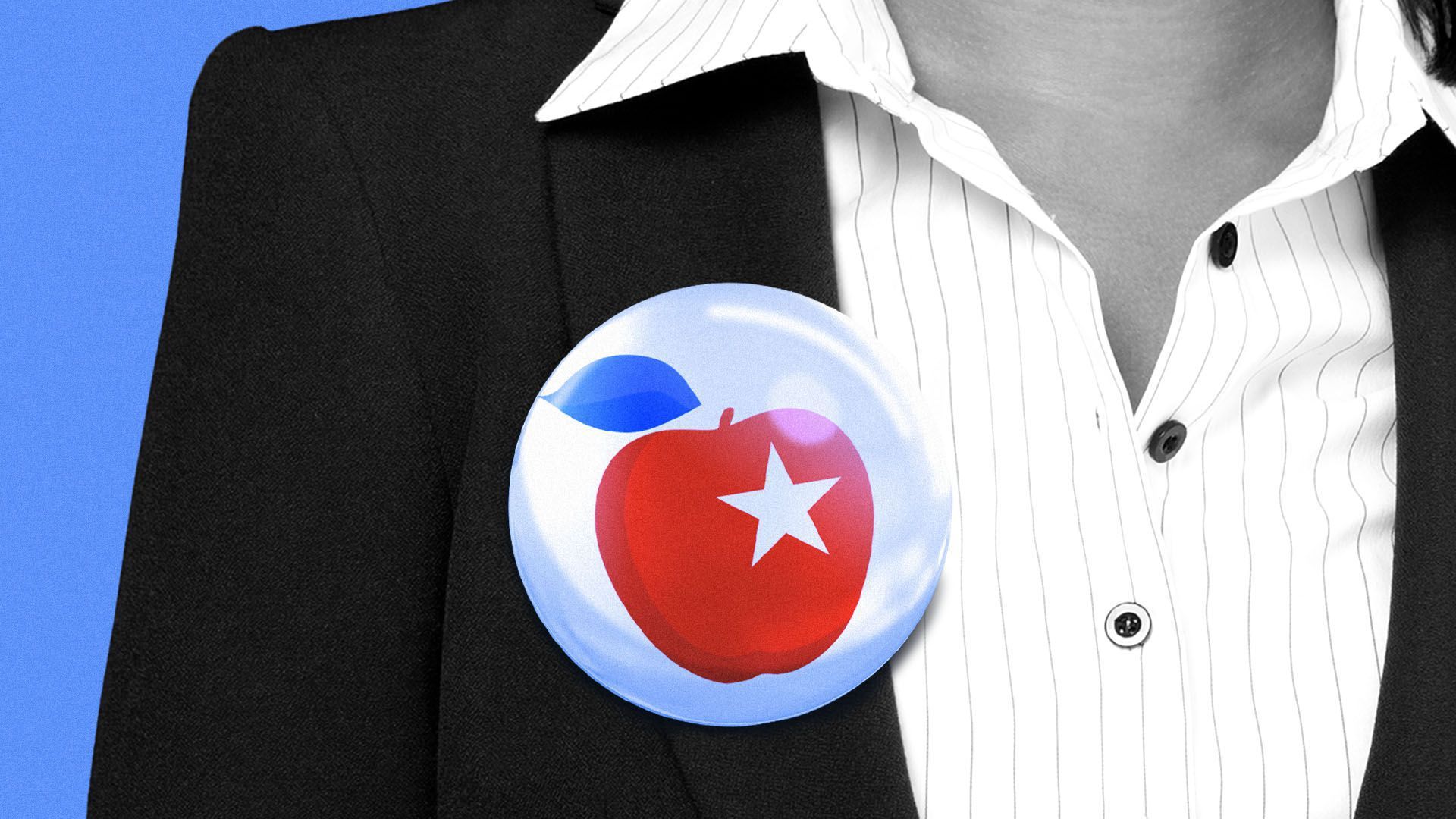 A woman's blouse and blazer with an apple button.