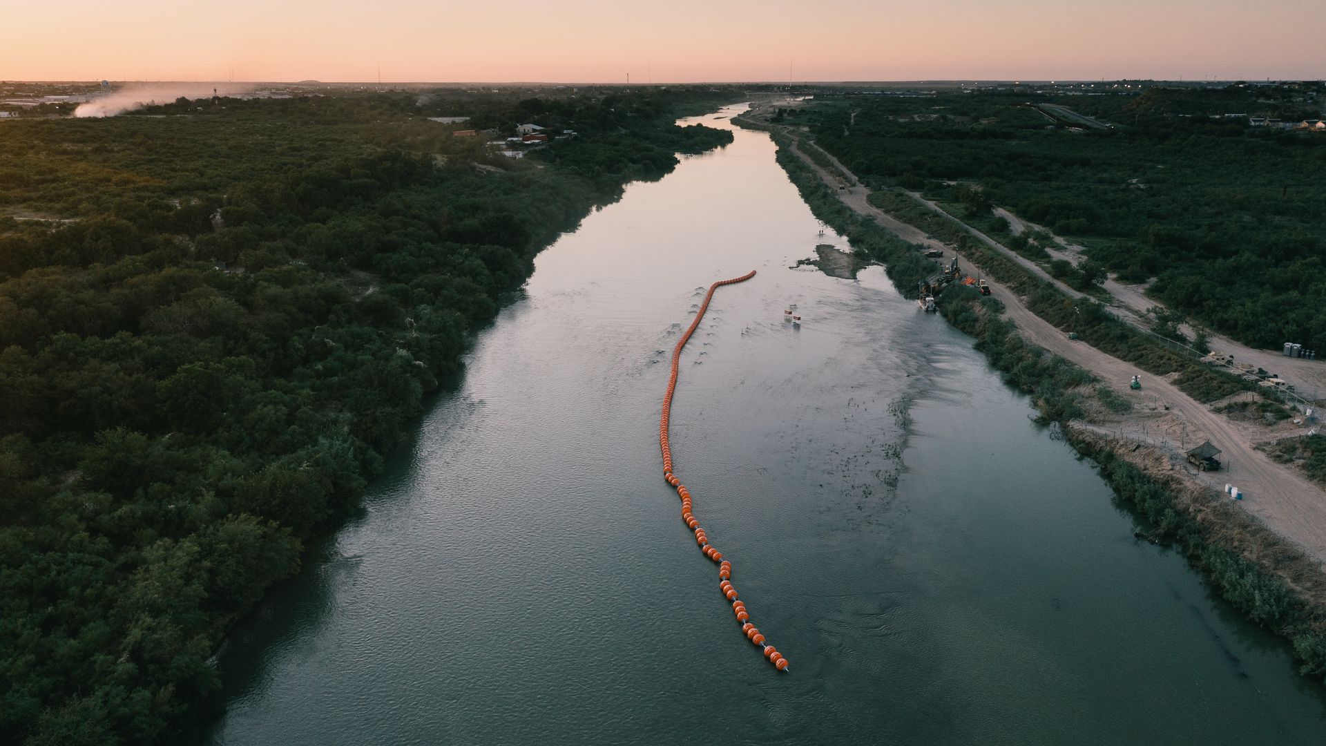 A string of buoys built by Texas on the Rio Grande River in Eagle Pass, Texas, on July 13, 2023.