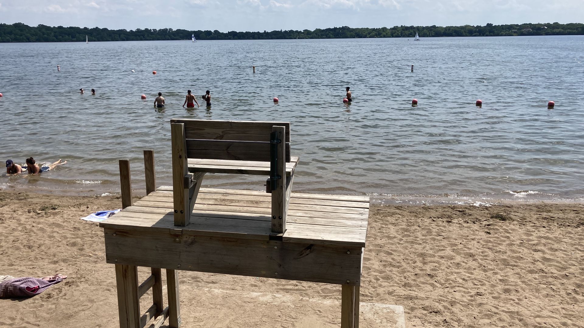 An empty lifeguard chair at Lake Harriet in Minneapolis.