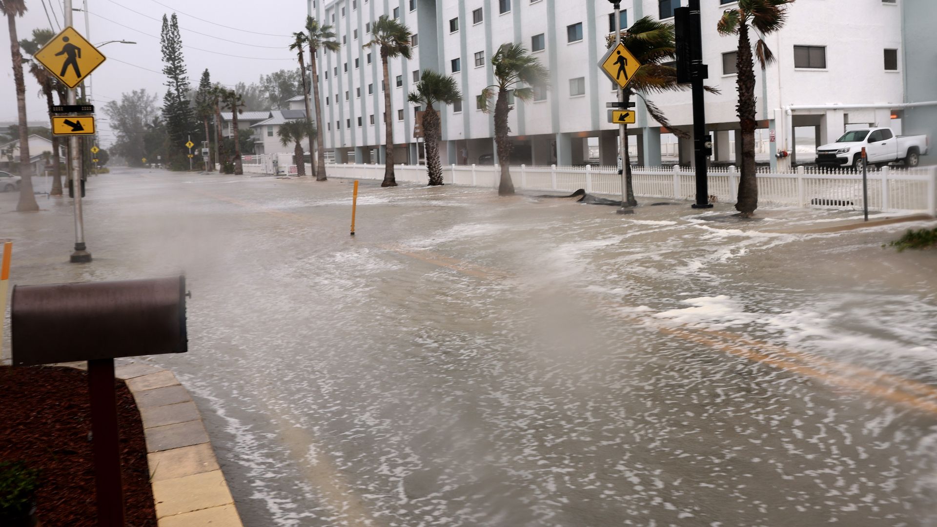 A flooded street.