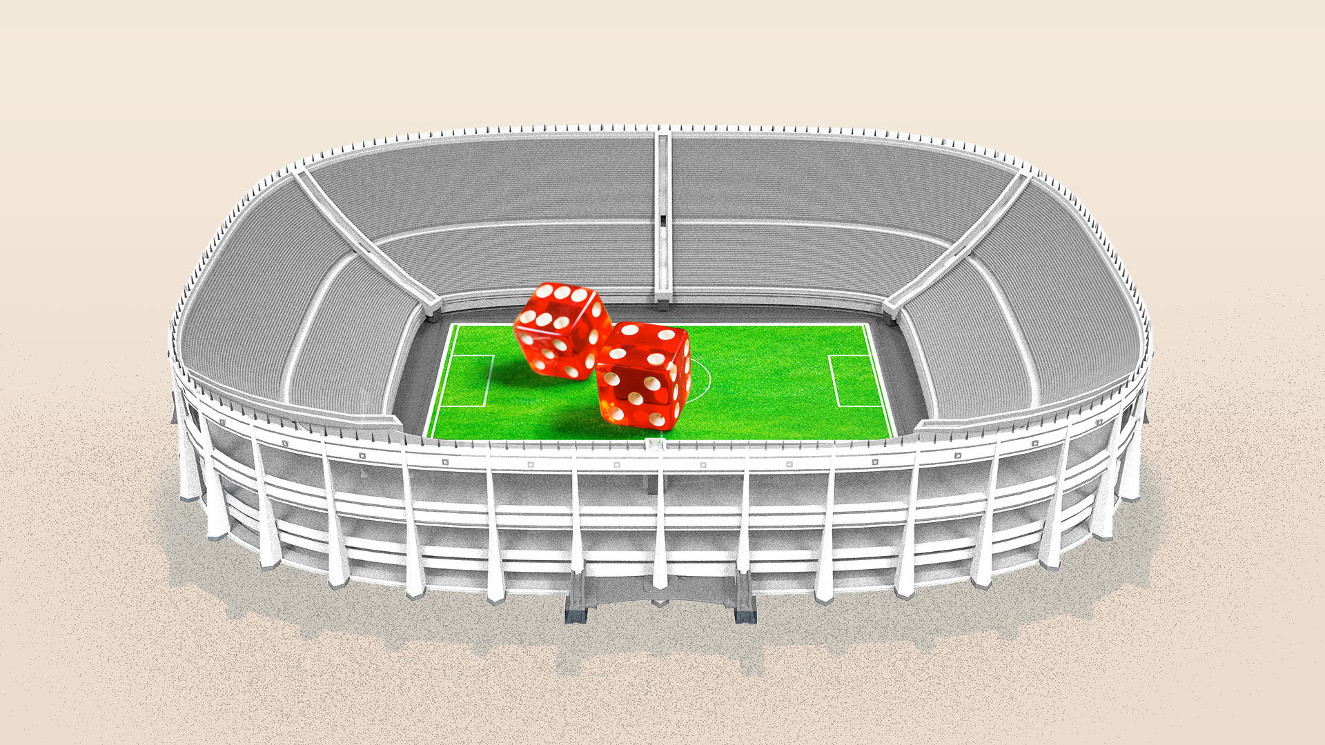 In this illustration, a pair of giant red dice sit on the green turf of a small stadium.