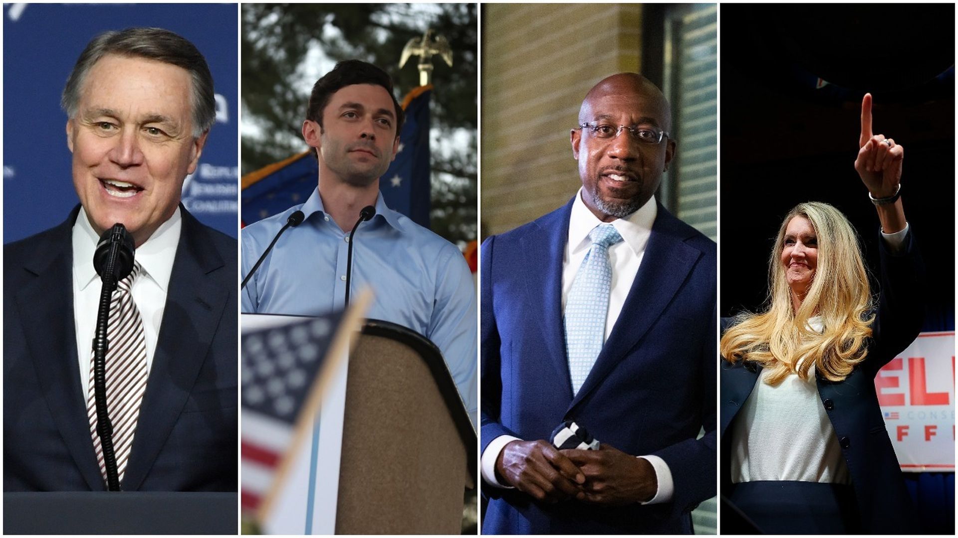 Picture collage of David Perdue, John Ossoff, Raphael Warnock and Kelly Loeffler