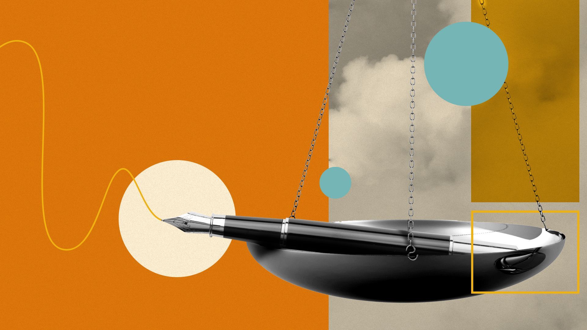 Illustration of a pen sitting in the weighing area of a scale surrounded by abstract lines and circles. The background is overlaid with a smoke texture. 