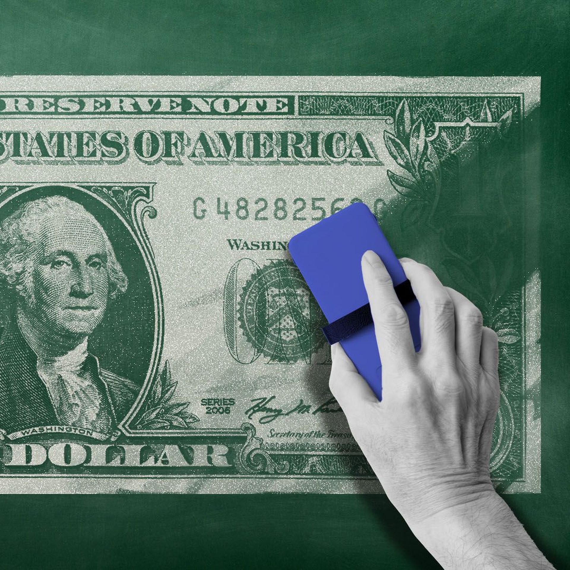 Illustration of a dollar made out of chalk on a chalkboard being erased