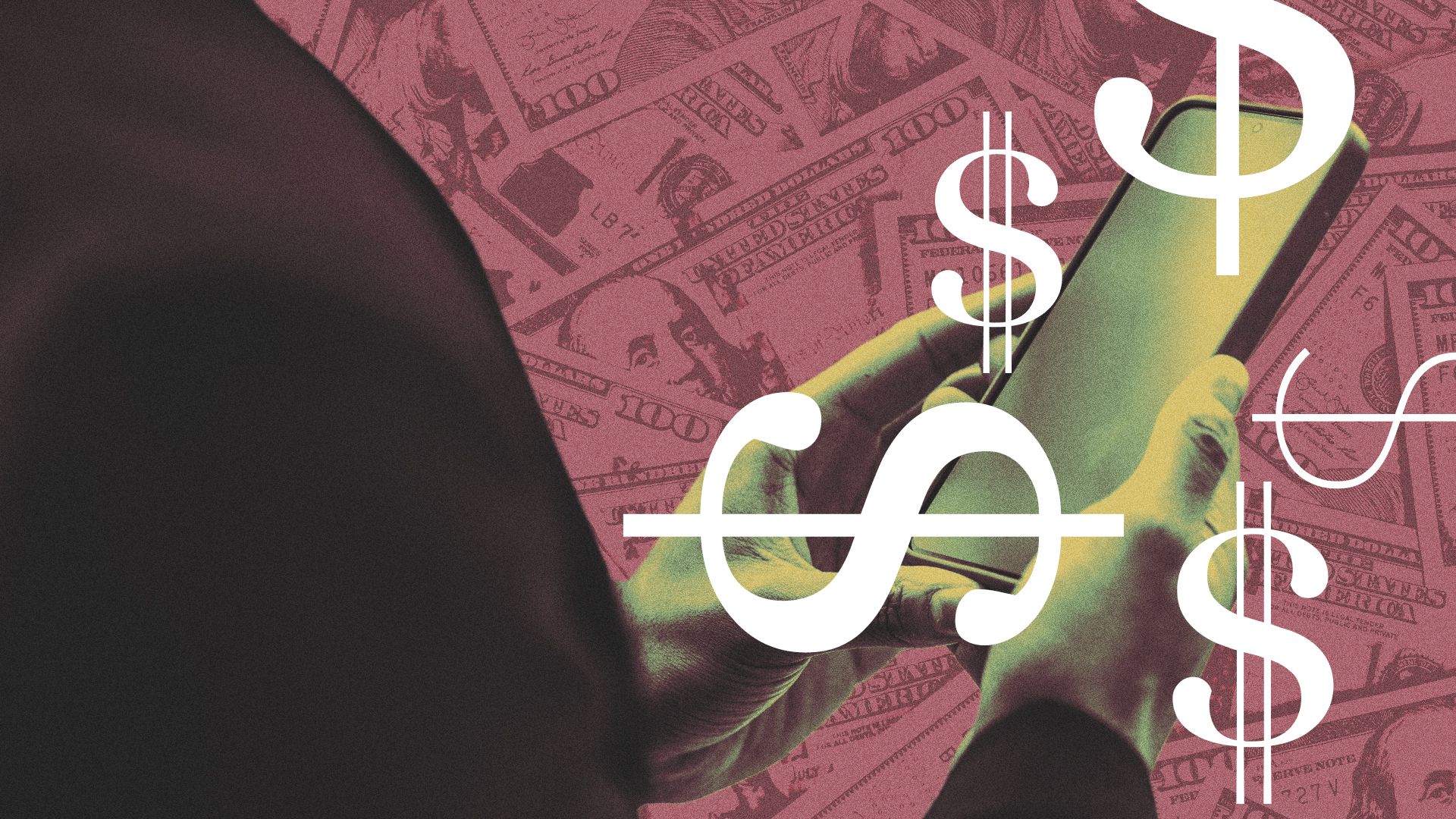 Illustration of someone holding a phone surrounded by money and dollar imagery. 