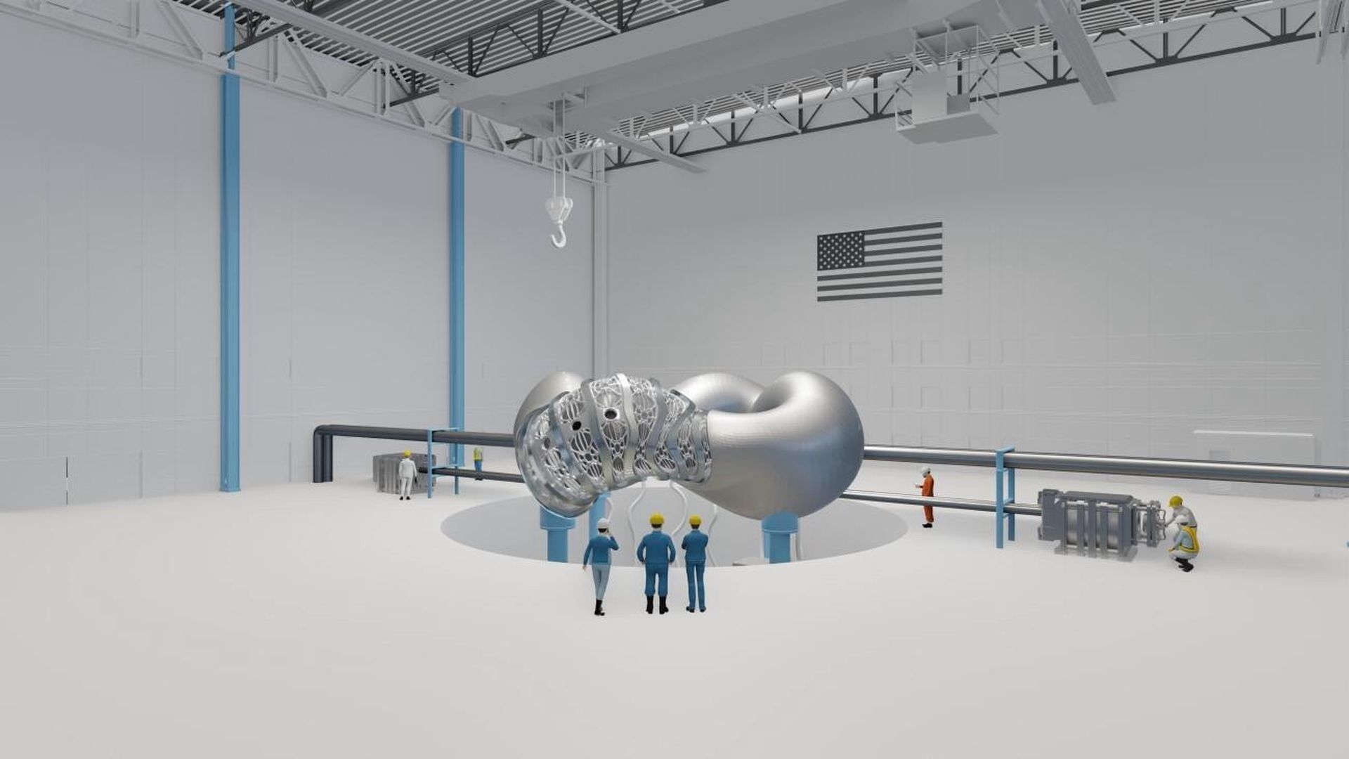 A computer rendering of a gray, twisting stellarator for fusion energy.