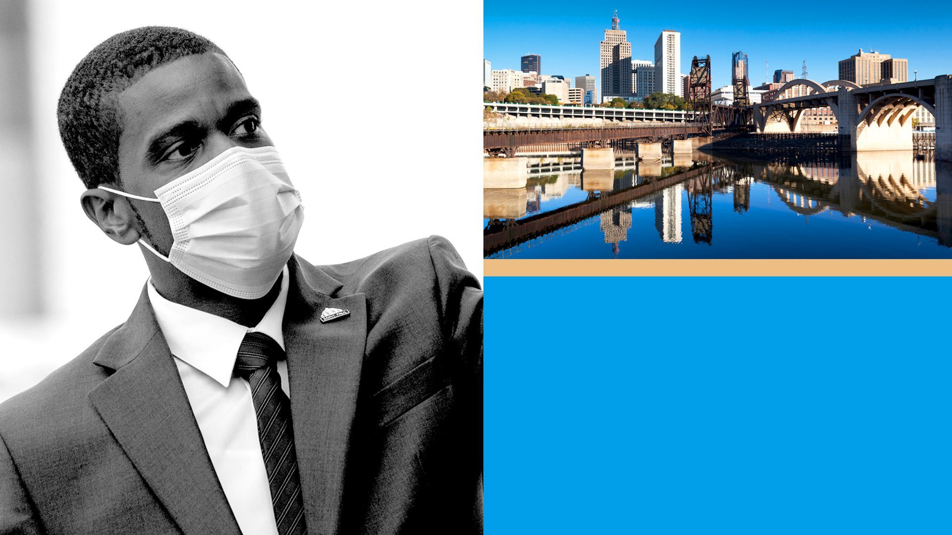 Photo illustration of a collage of St. Paul Mayor Melvin Carter, with St. Paul and blocks of color.