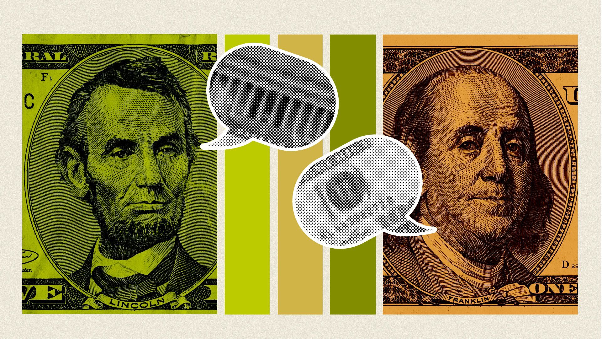 Illustration of dollar bills with speech bubbles.