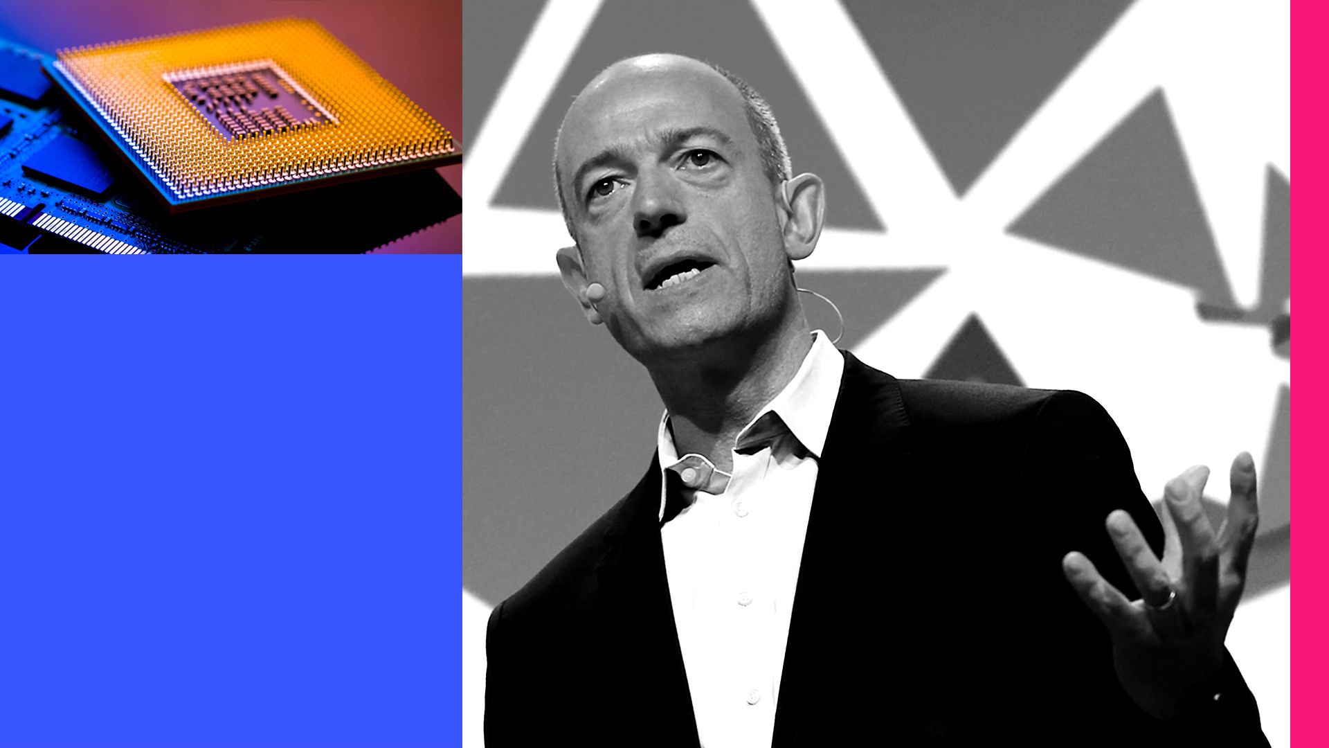 Photo collage of ARM CEO Simon Segars and a computer chip.