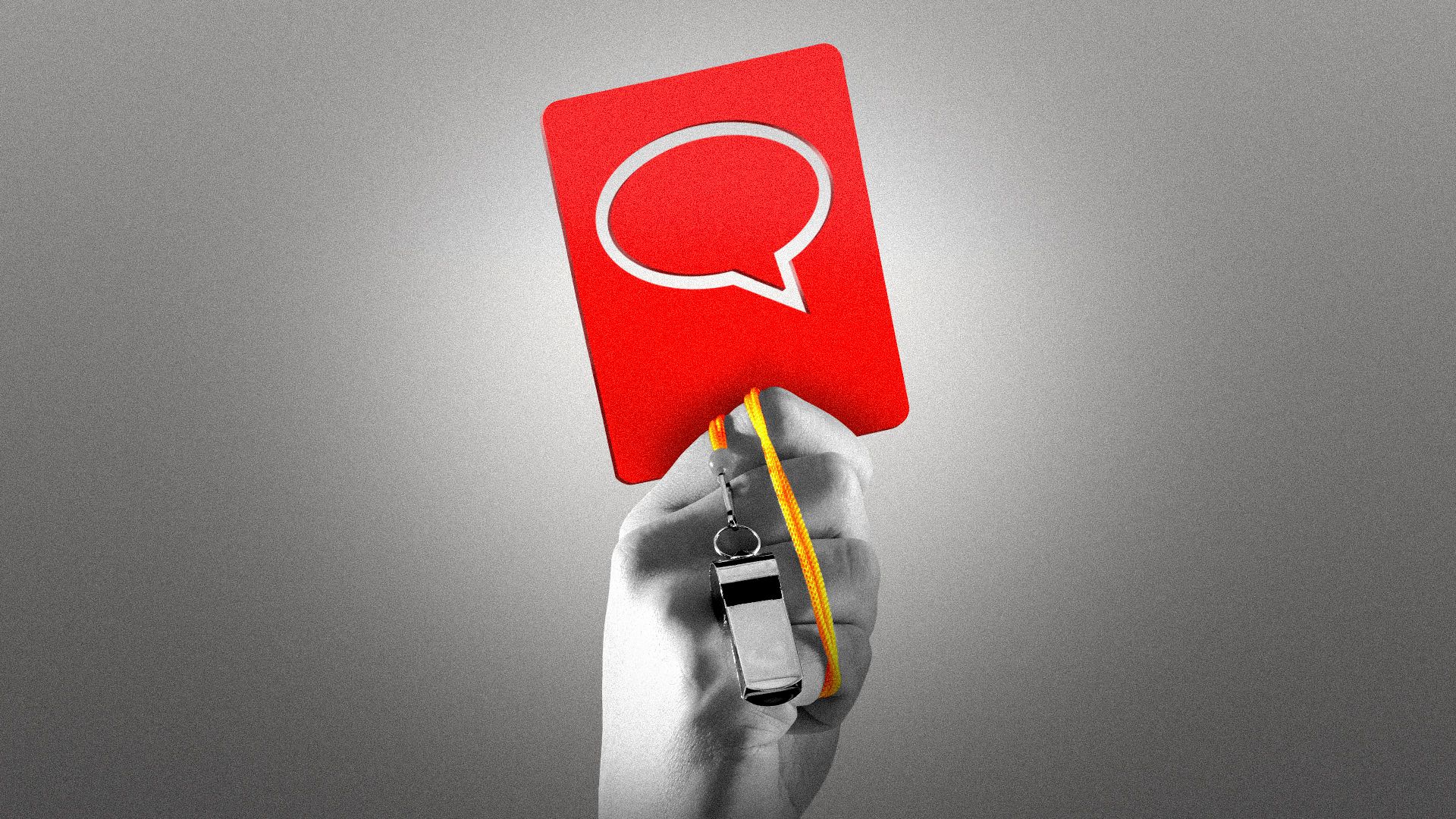 Illustration of a referee's hand holding up a red card with a speech bubble on it