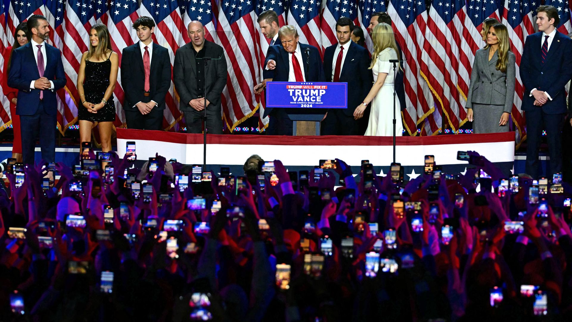 Former Republican presidential candidate former President Trump arrives for an election night event at the West Palm Beach Convention Center in West Palm Beach, Florida, on November 6, 2024. 