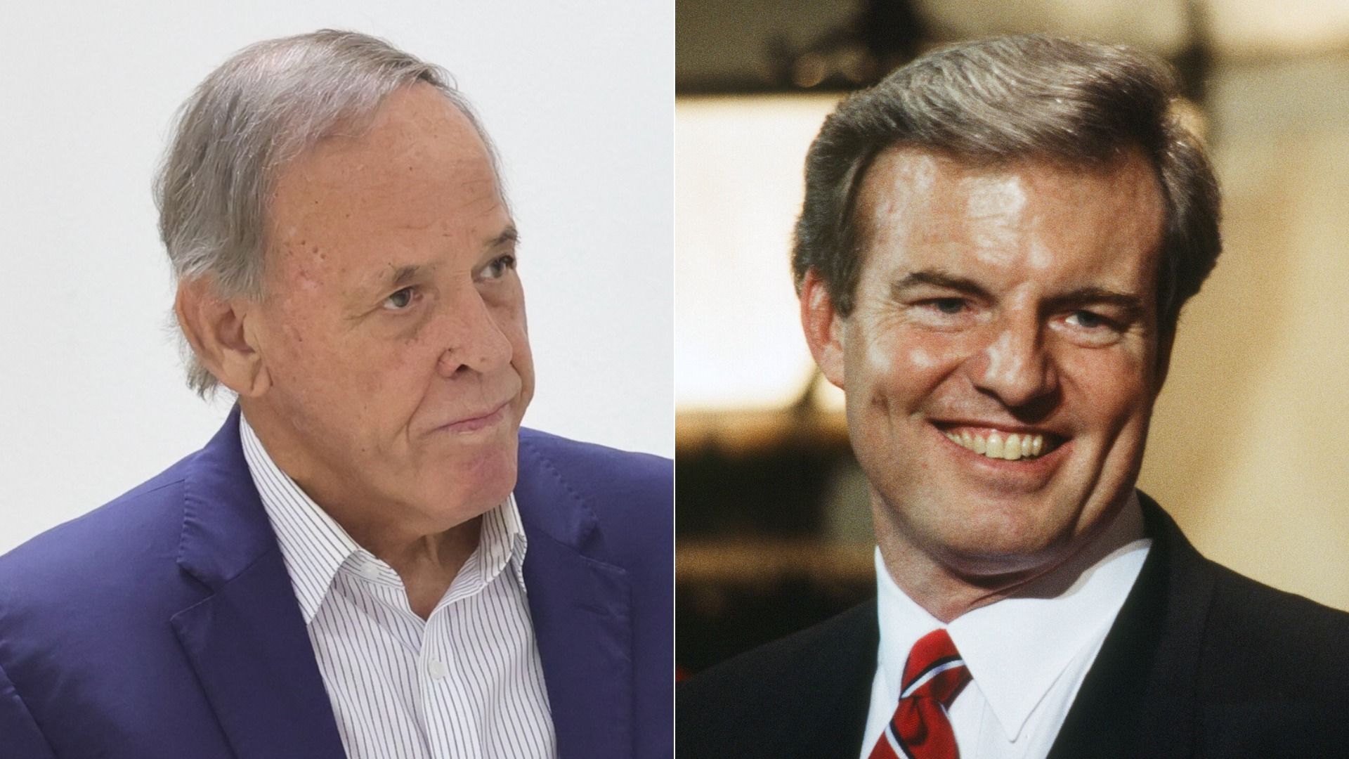 Side-by-side portraits of two men. Left: an older man with gray hair in a blue blazer looking serious. Right: a younger man with brown hair in a suit and red striped tie, smiling.