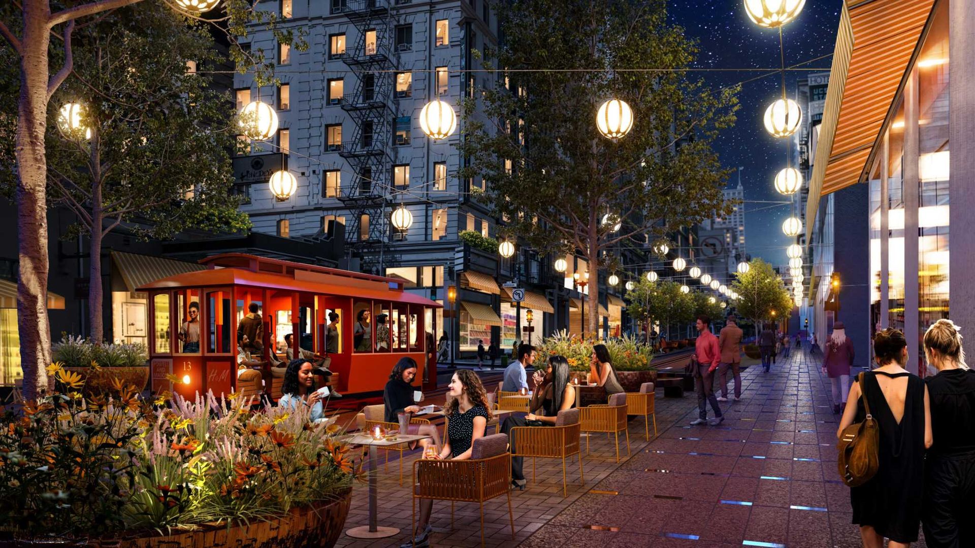 Nighttime city street with warm lanterns strung overhead, a bright red tram car at a sidewalk cafe, groups of people chatting and dining, tall buildings, trees, and a starry sky.