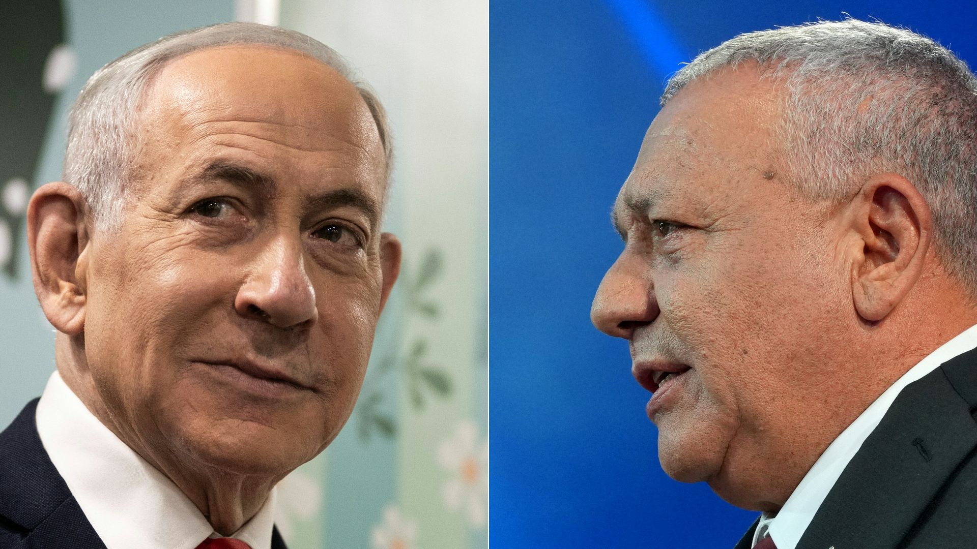 Side-by-side photos of Netanyahu speaking to reporters in Jerusalem and Eisenkot addressing supporters at an election rally in Tel Aviv.